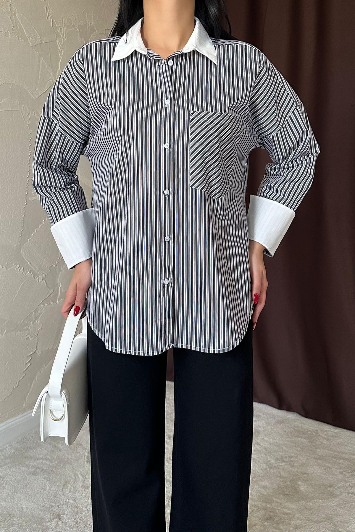 Toptan Siyah Çizgili Poplin Uzun Kol Gömlek