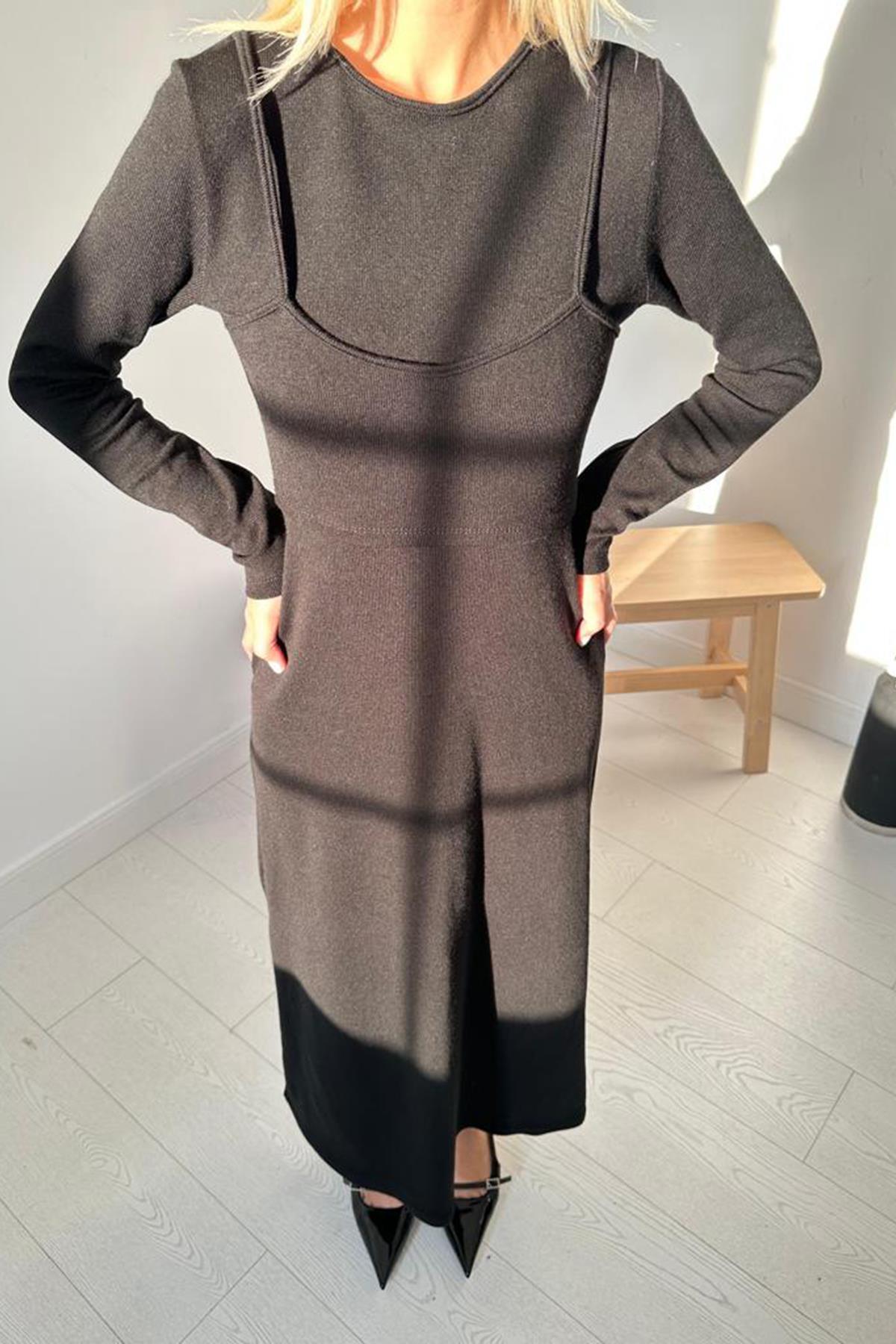 Toptan Siyah Croplu Akrilik Elbise