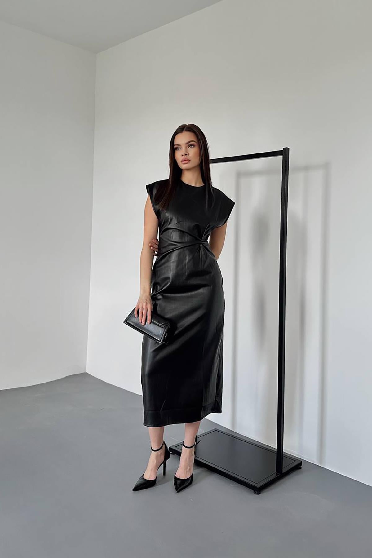 Toptan Siyah Deri Düğümlü Elbise