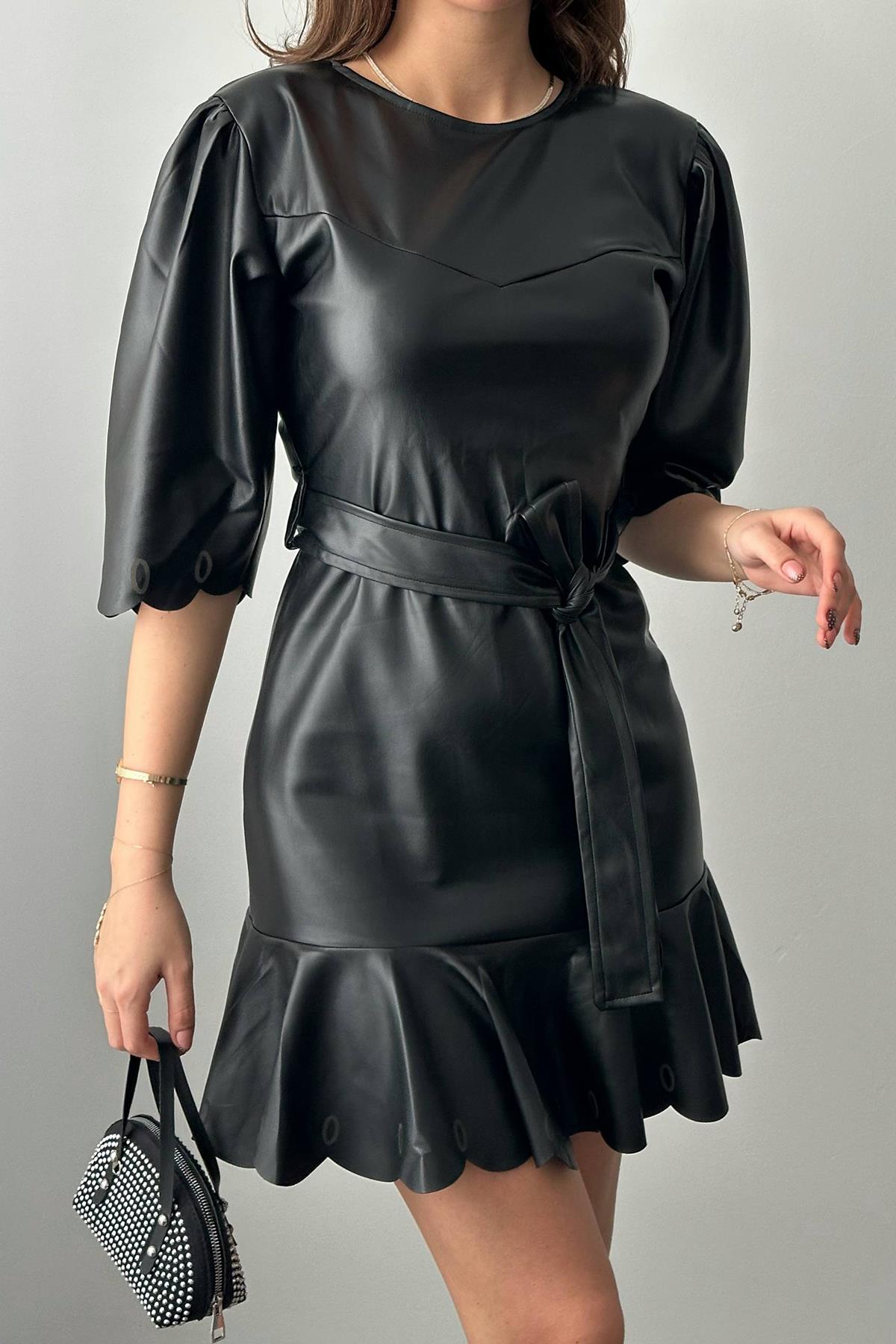 Toptan Siyah Deri Mini Elbise