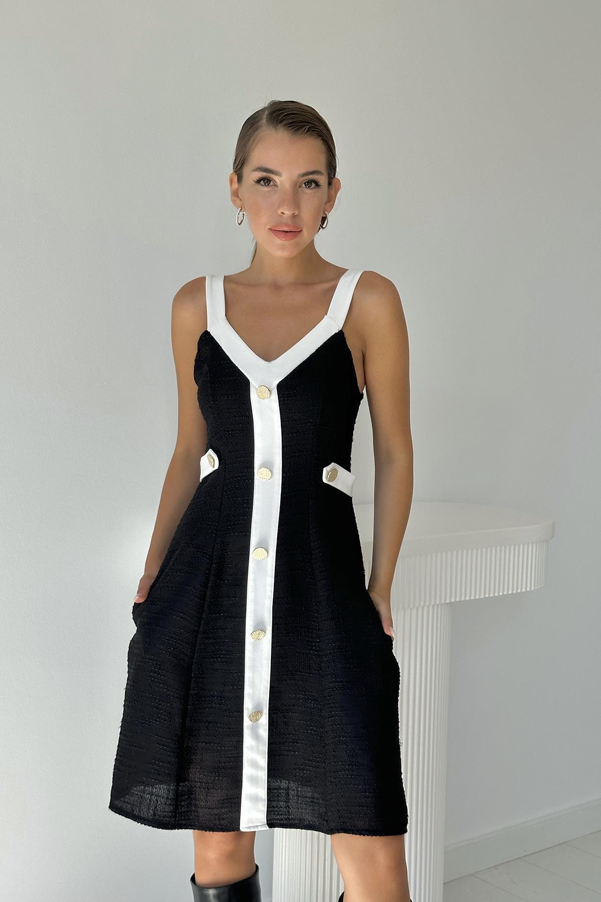 Toptan Siyah Ekru Süs Cepli Askılı Elbise