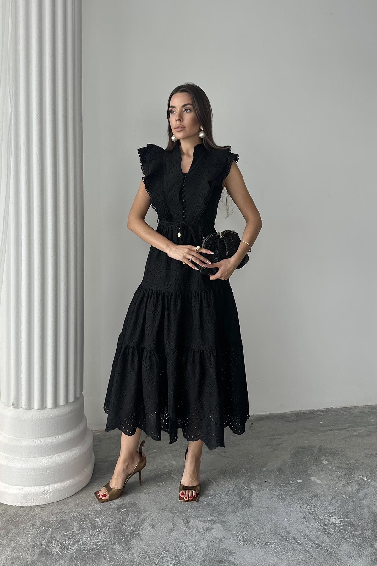 Toptan Siyah Fırfırlı Düğmeli Elbise