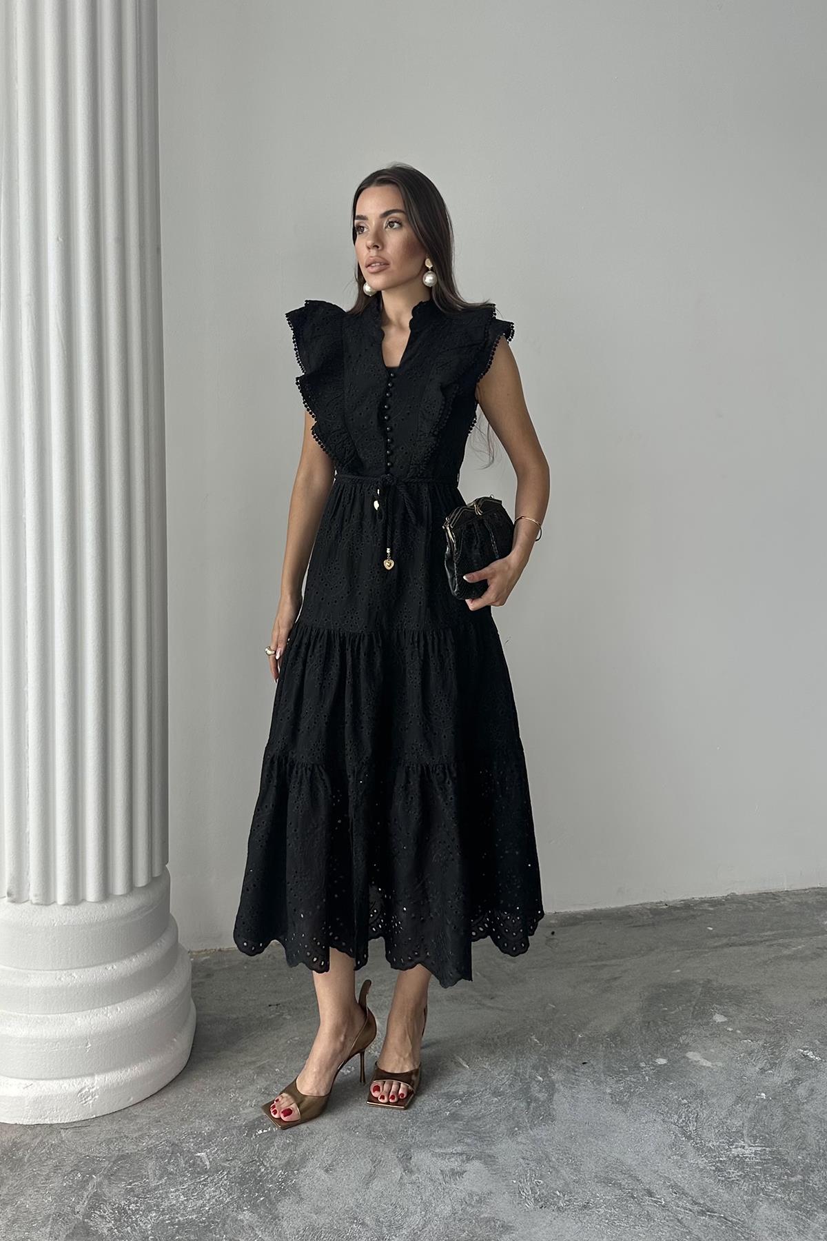 Toptan Siyah Fırfırlı Düğmeli Elbise Siyah L