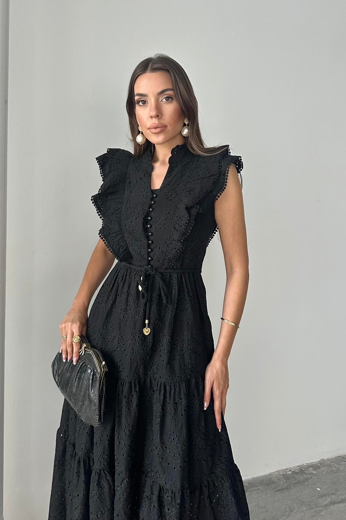 Toptan Siyah Fırfırlı Düğmeli Elbise