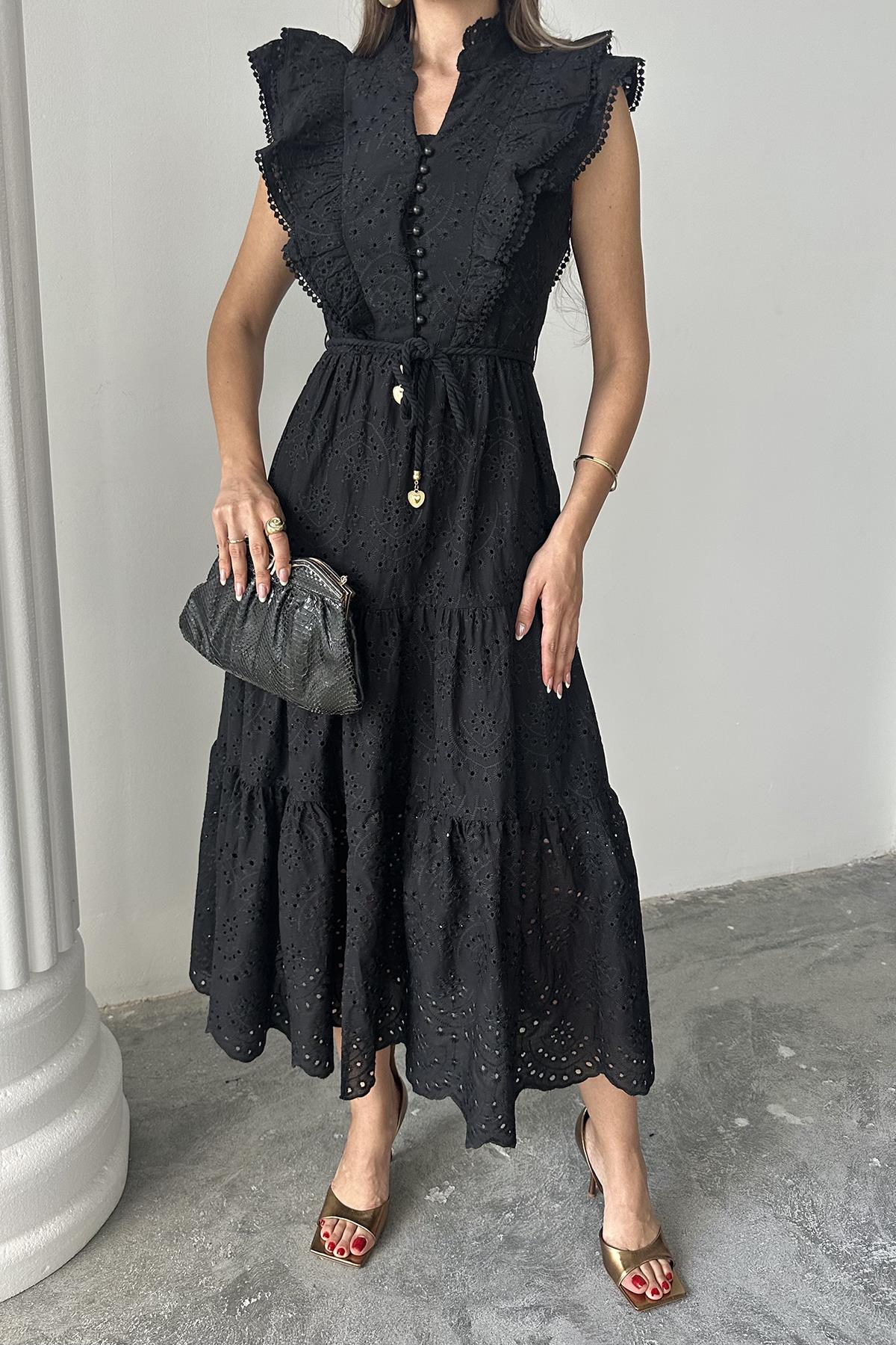 Toptan Siyah Fırfırlı Düğmeli Elbise