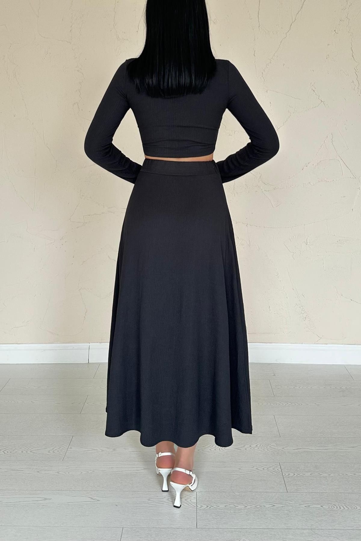 Toptan Siyah Fitilli Bluz & Etek Takım