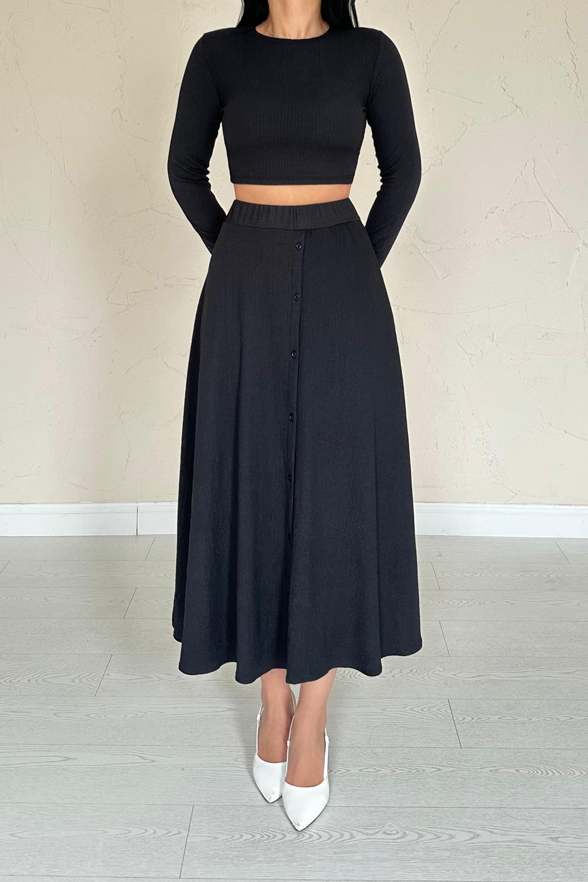 Toptan Siyah Fitilli Bluz & Etek Takım