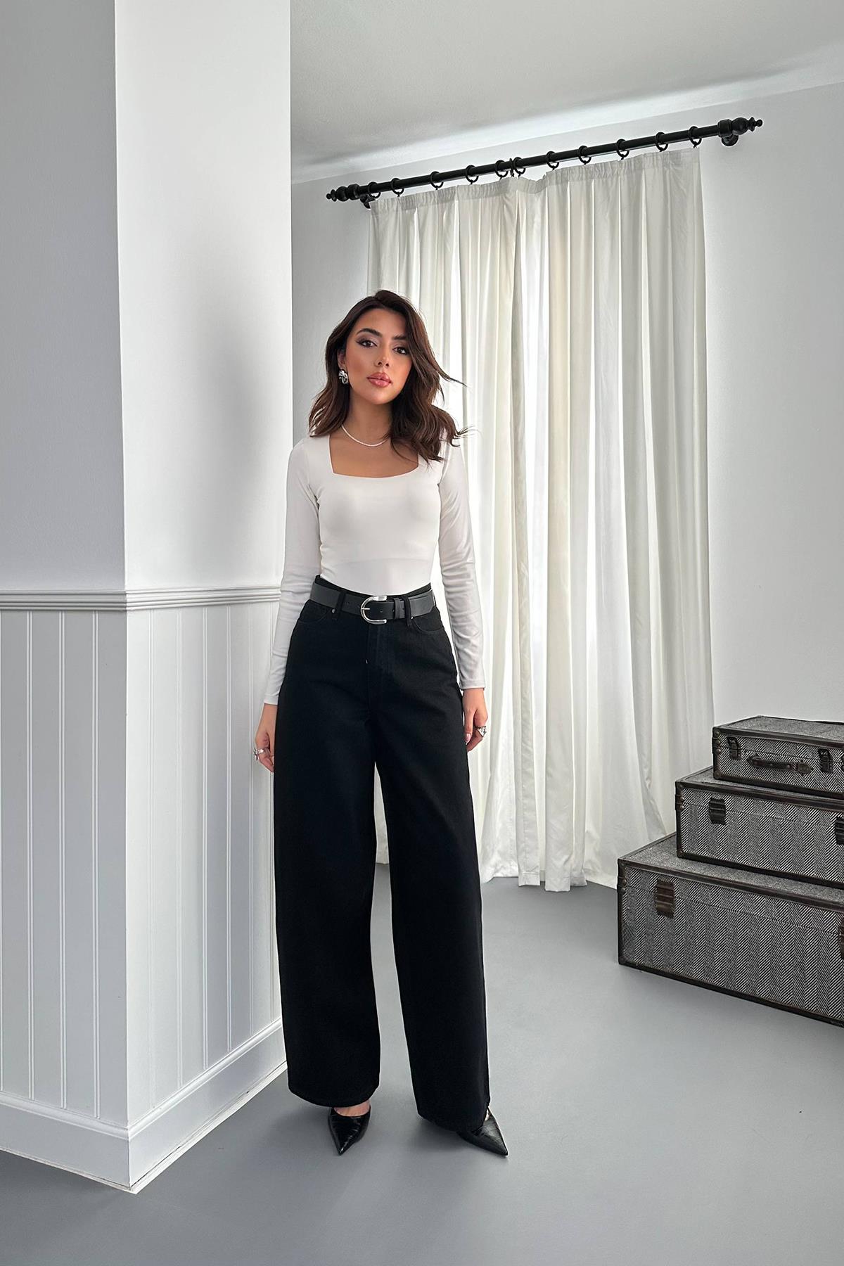 Toptan Siyah Geniş Paça Jeans Pantolon Siyah L