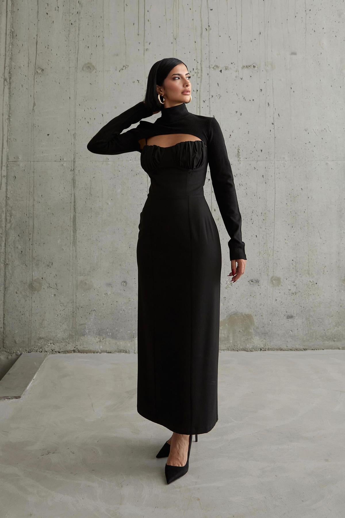 Toptan Siyah Göğüs Kuplu Elbise Siyah L