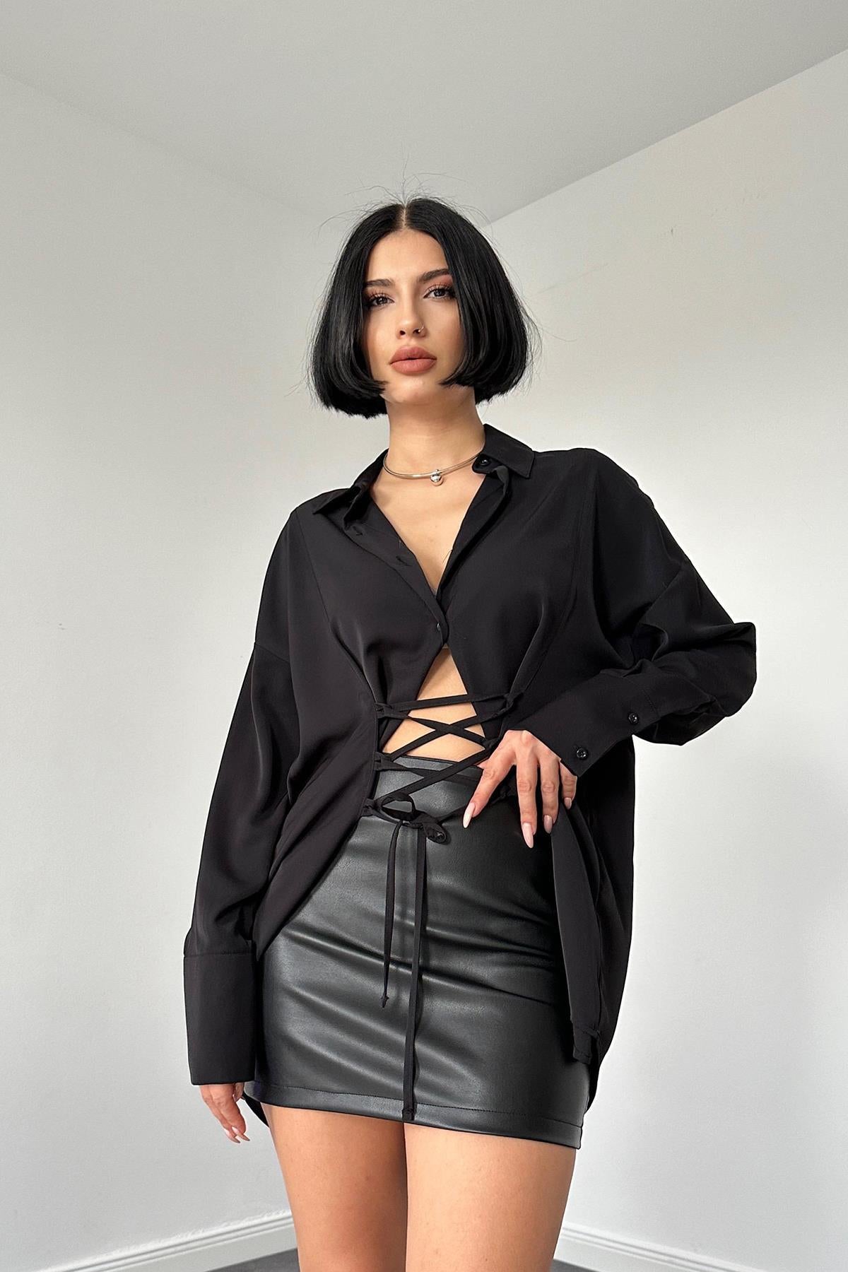 Toptan Siyah Jesica Parçalı Bağcıklı Gömlek Siyah L