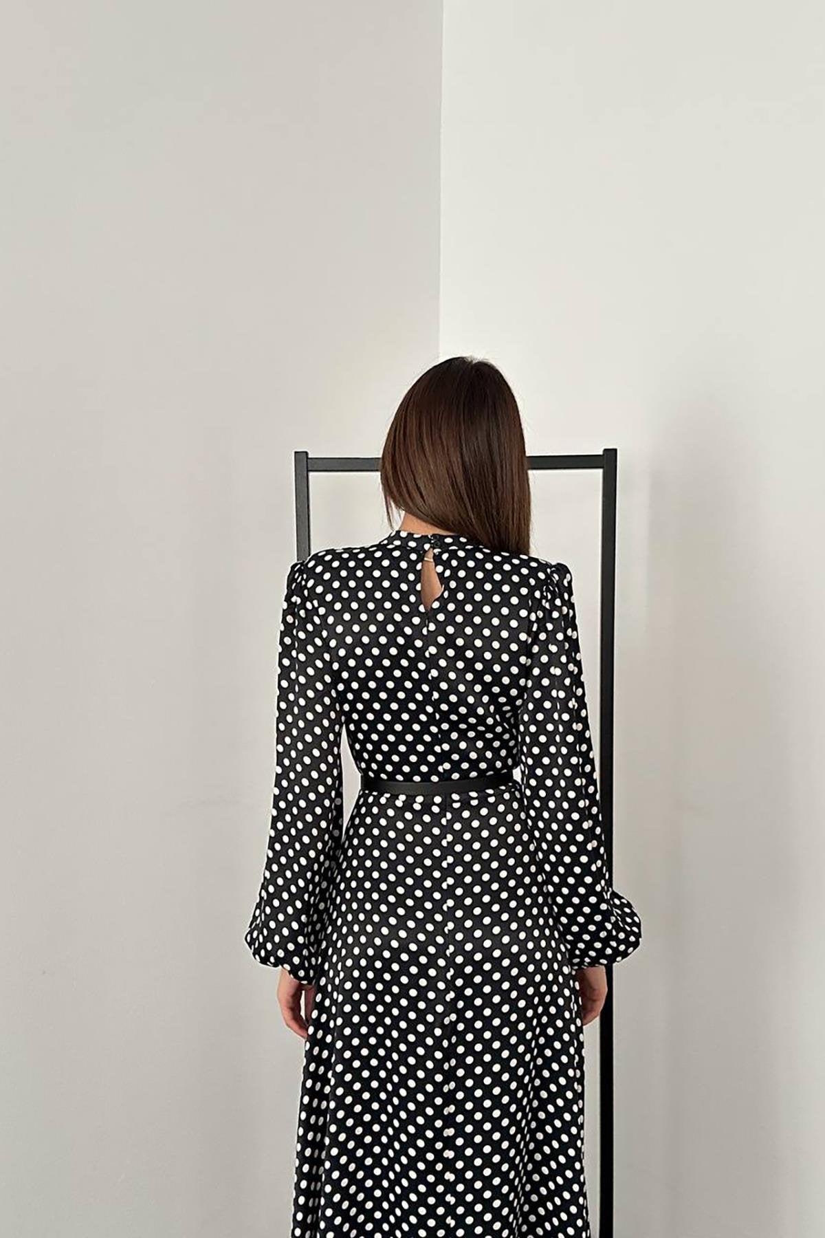 Toptan Siyah Kemer Detaylı Puantiyeli Elbise