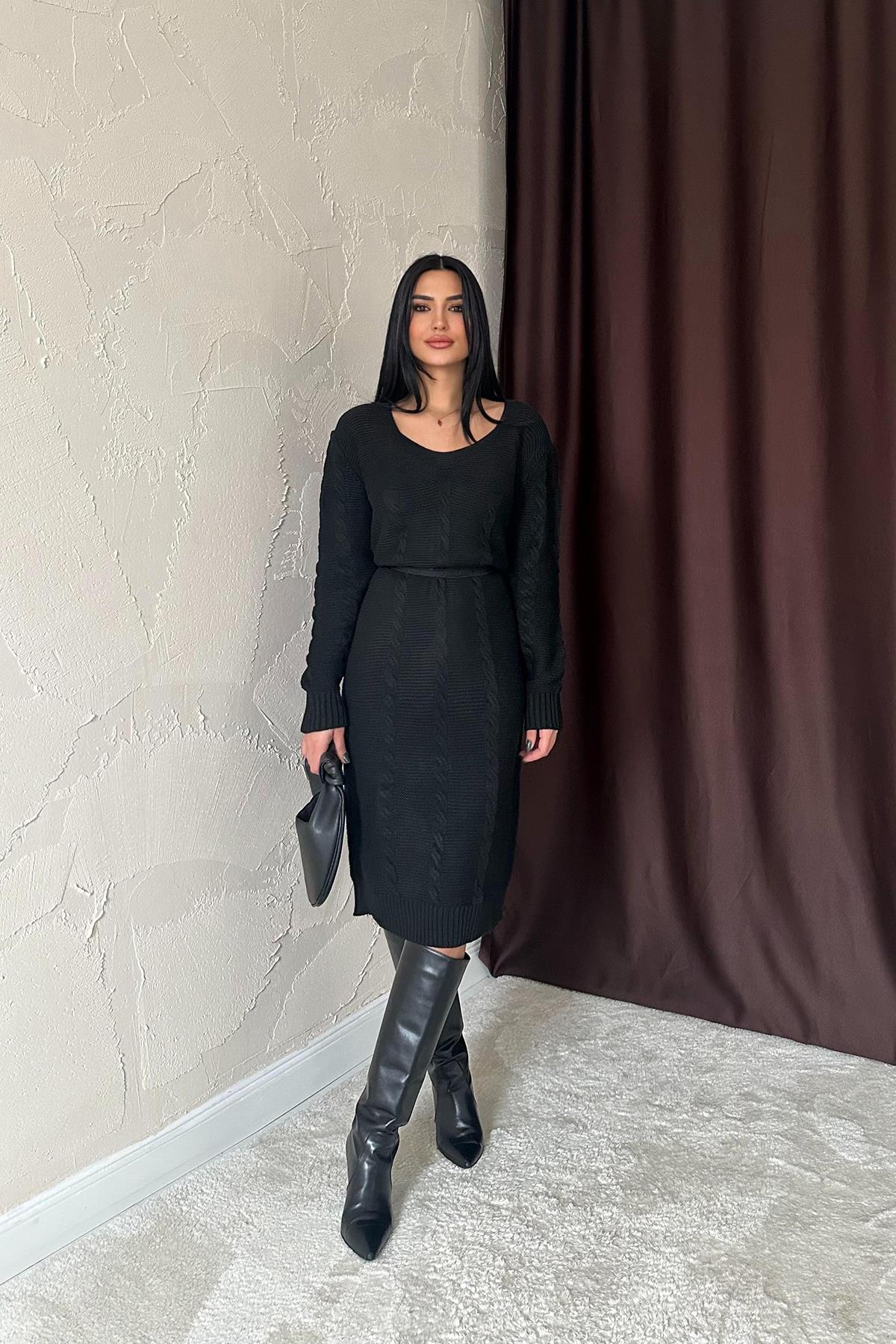 Toptan Siyah Kemerli Triko Elbise