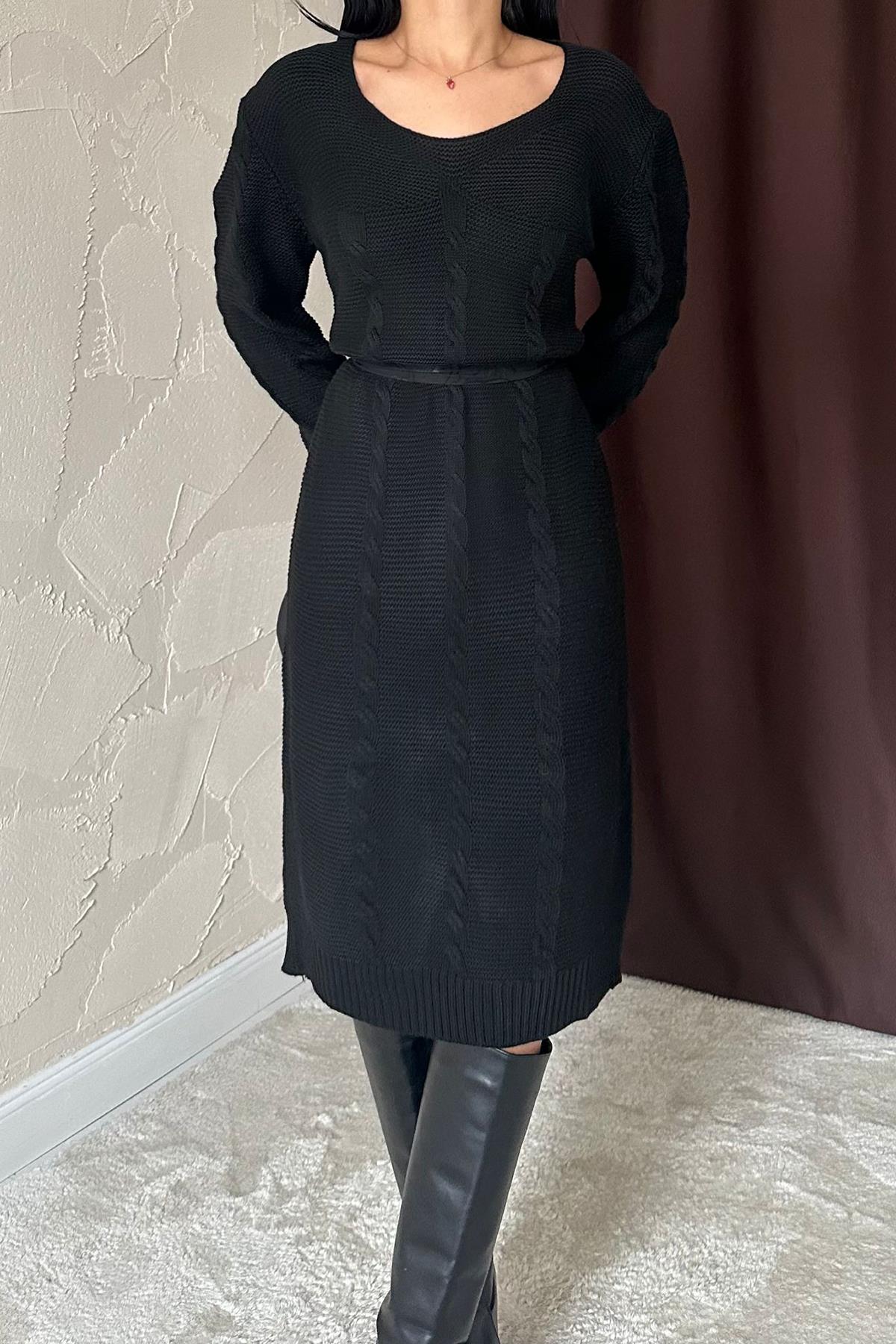 Toptan Siyah Kemerli Triko Elbise