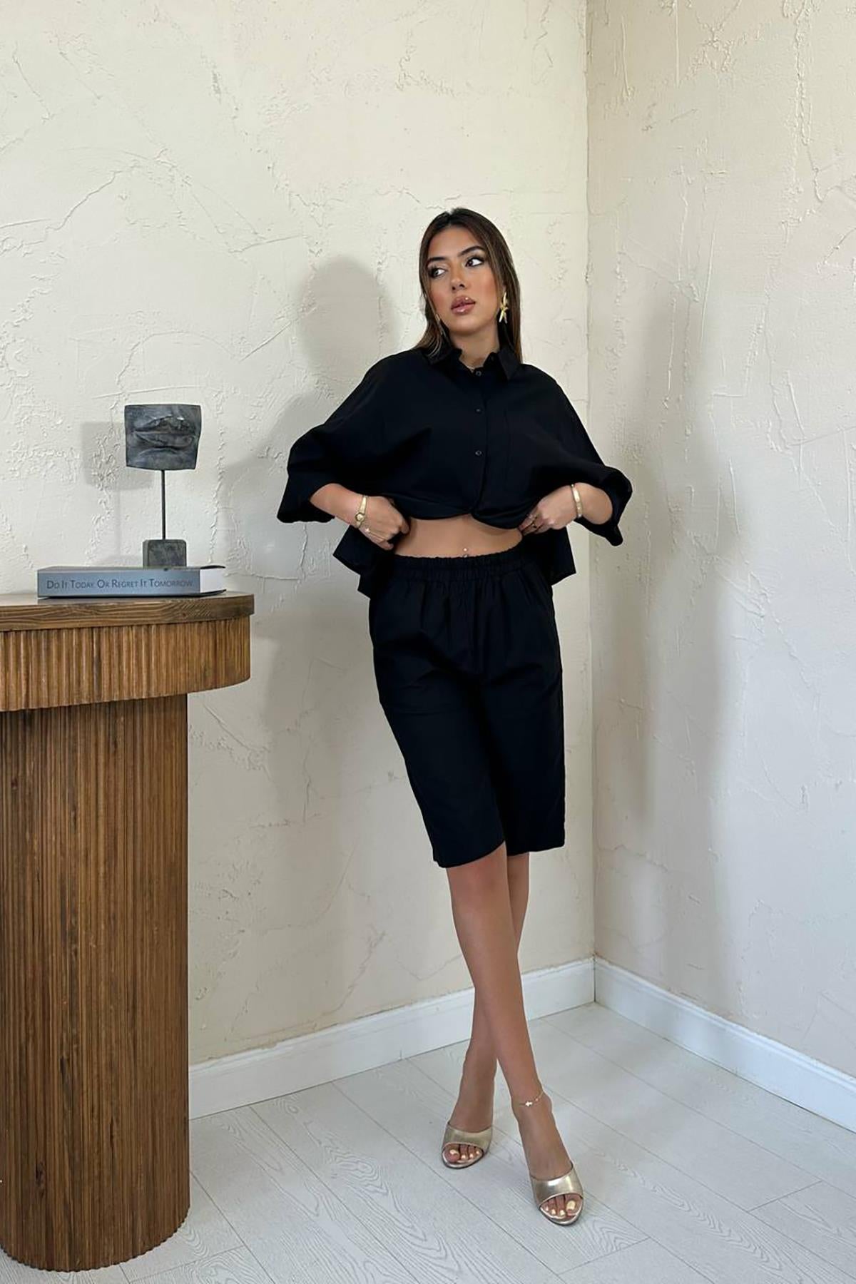 Toptan Siyah Kısa Kollu Keten Gömlek Ve Şort Takım