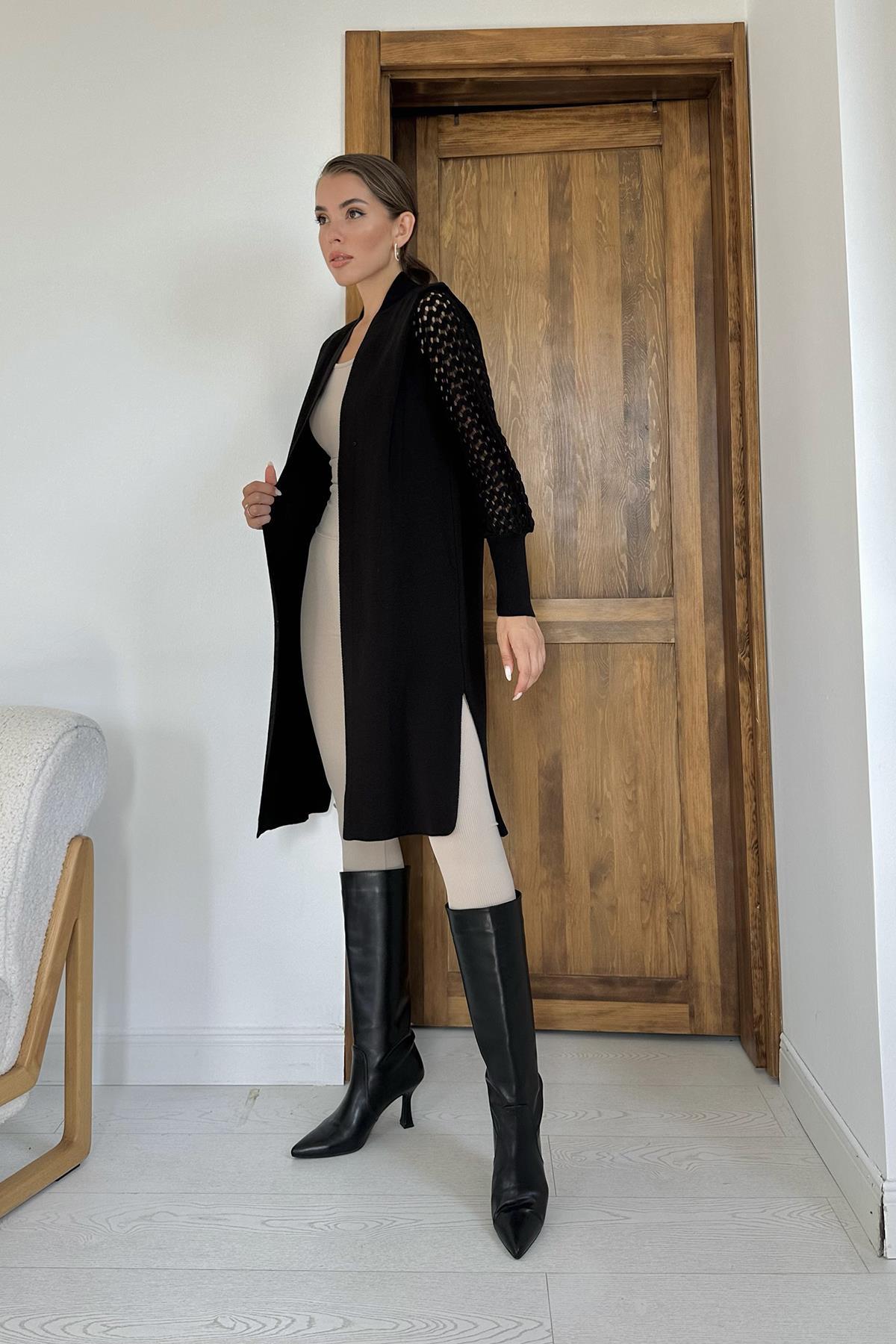 Toptan Siyah Kolları Örgülü Triko Hırka