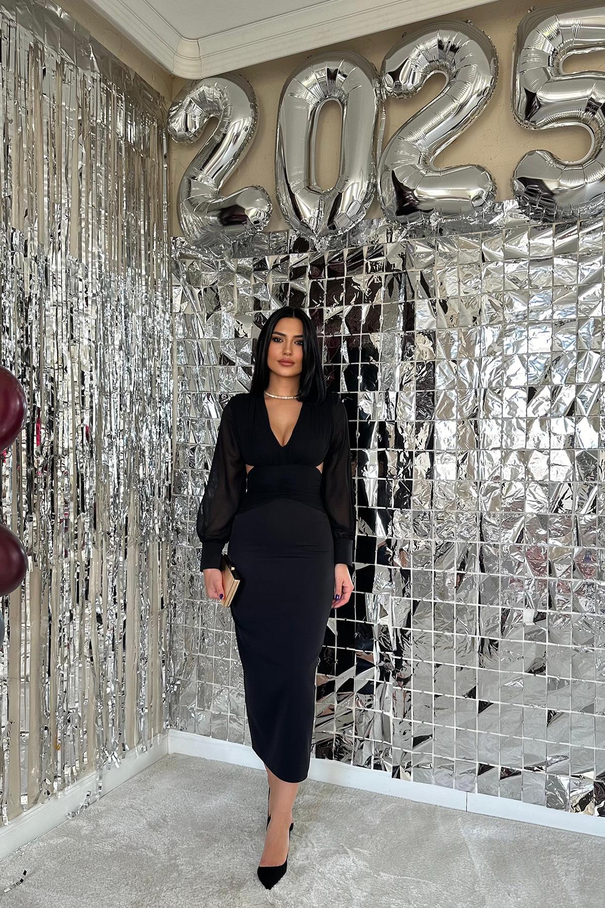 Toptan Siyah Kolları Şifon Arka Bel Detaylı Elbise