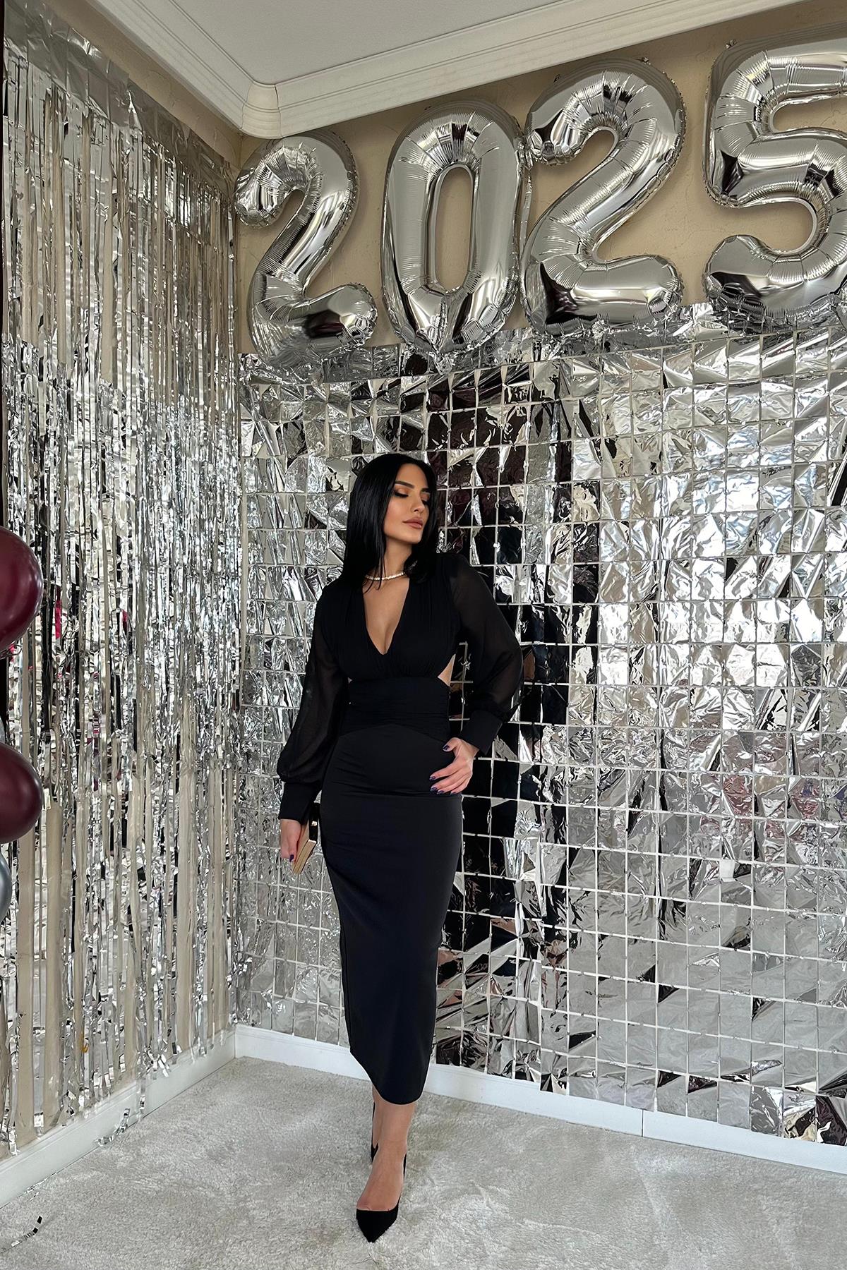 Toptan Siyah Kolları Şifon Arka Bel Detaylı Elbise