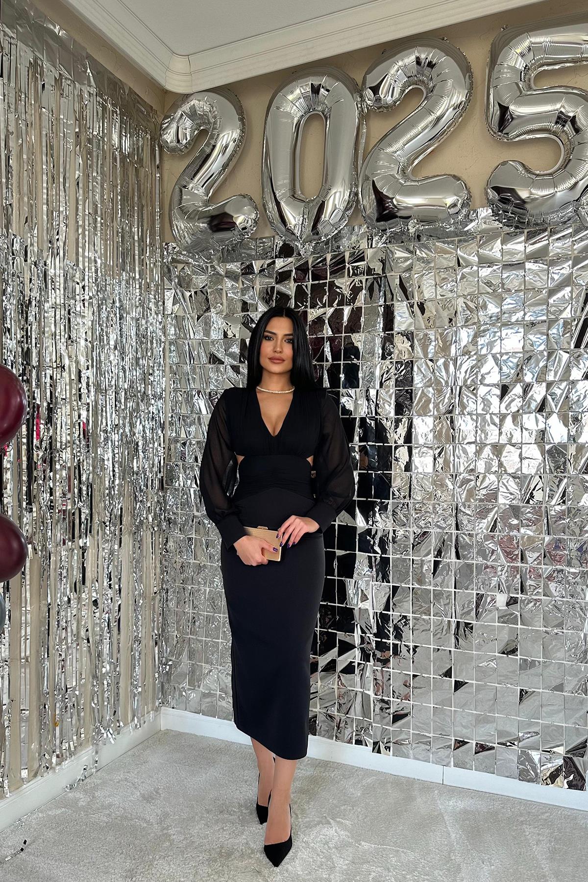 Toptan Siyah Kolları Şifon Arka Bel Detaylı Elbise Siyah L