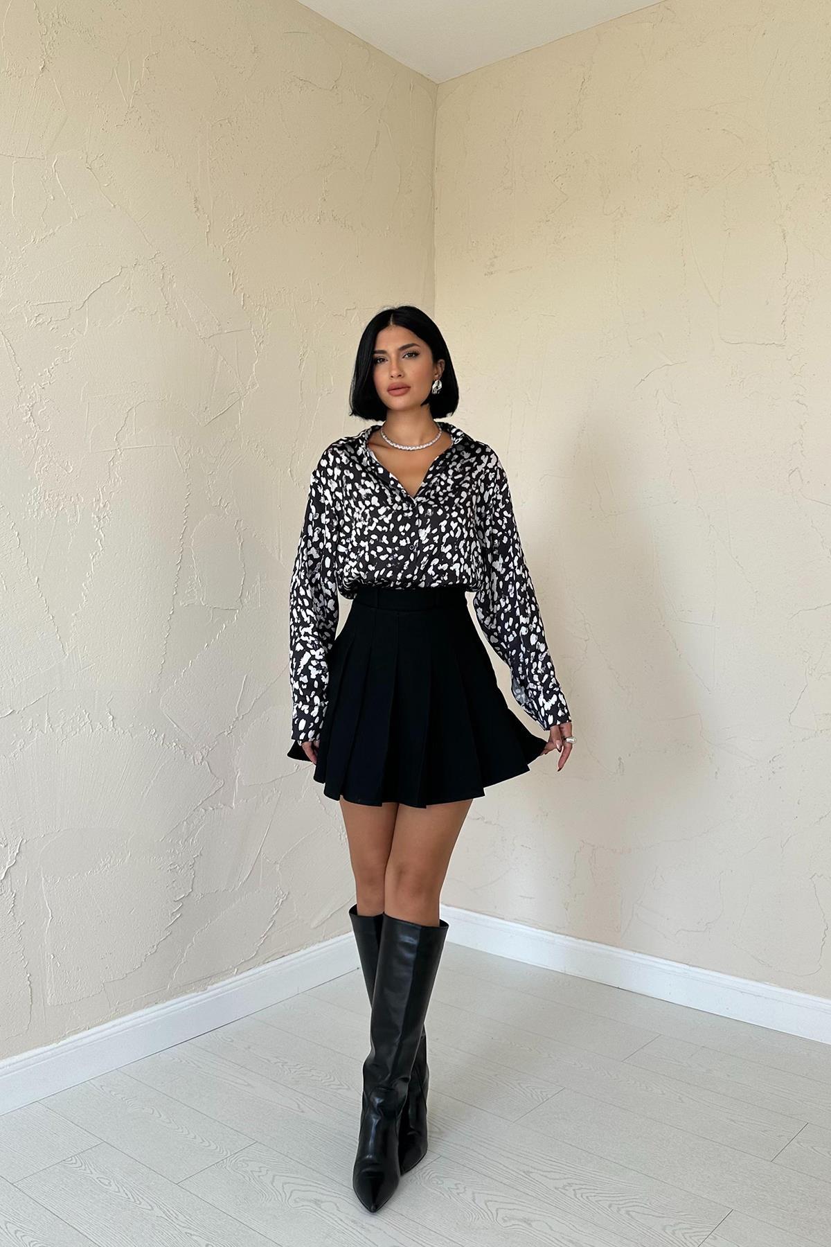 Toptan Siyah Leopar Desenli Saten Gömlek