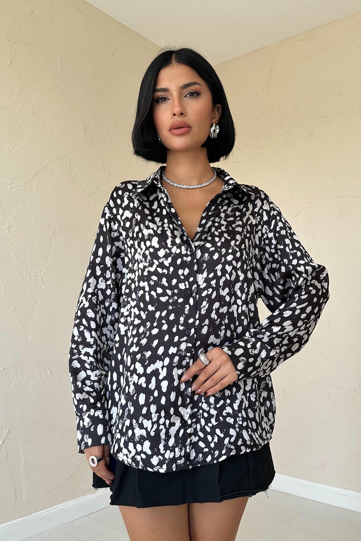 Toptan Siyah Leopar Desenli Saten Gömlek Siyah L
