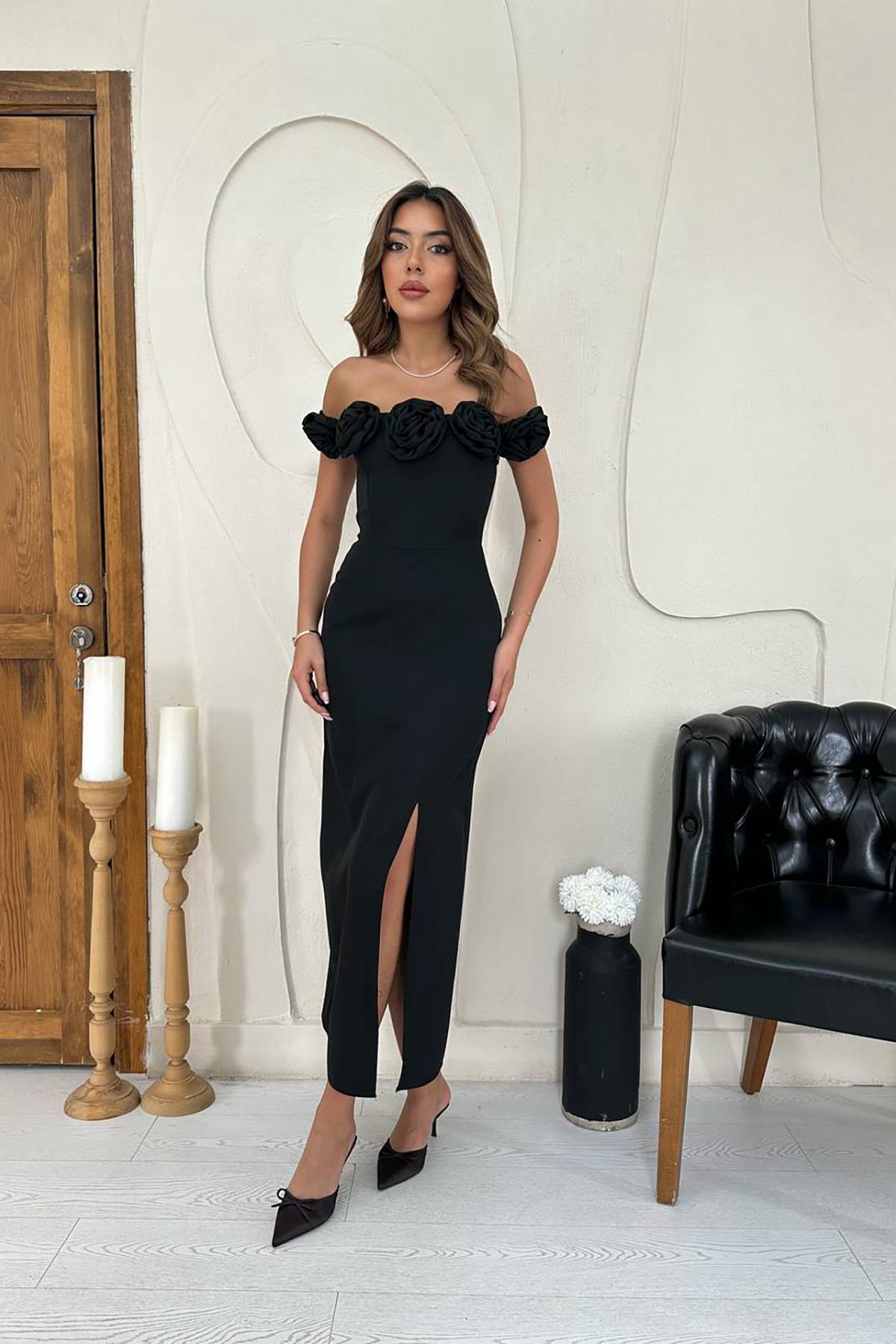 Toptan Siyah Madonna Yaka Güllü Elbise Siyah L