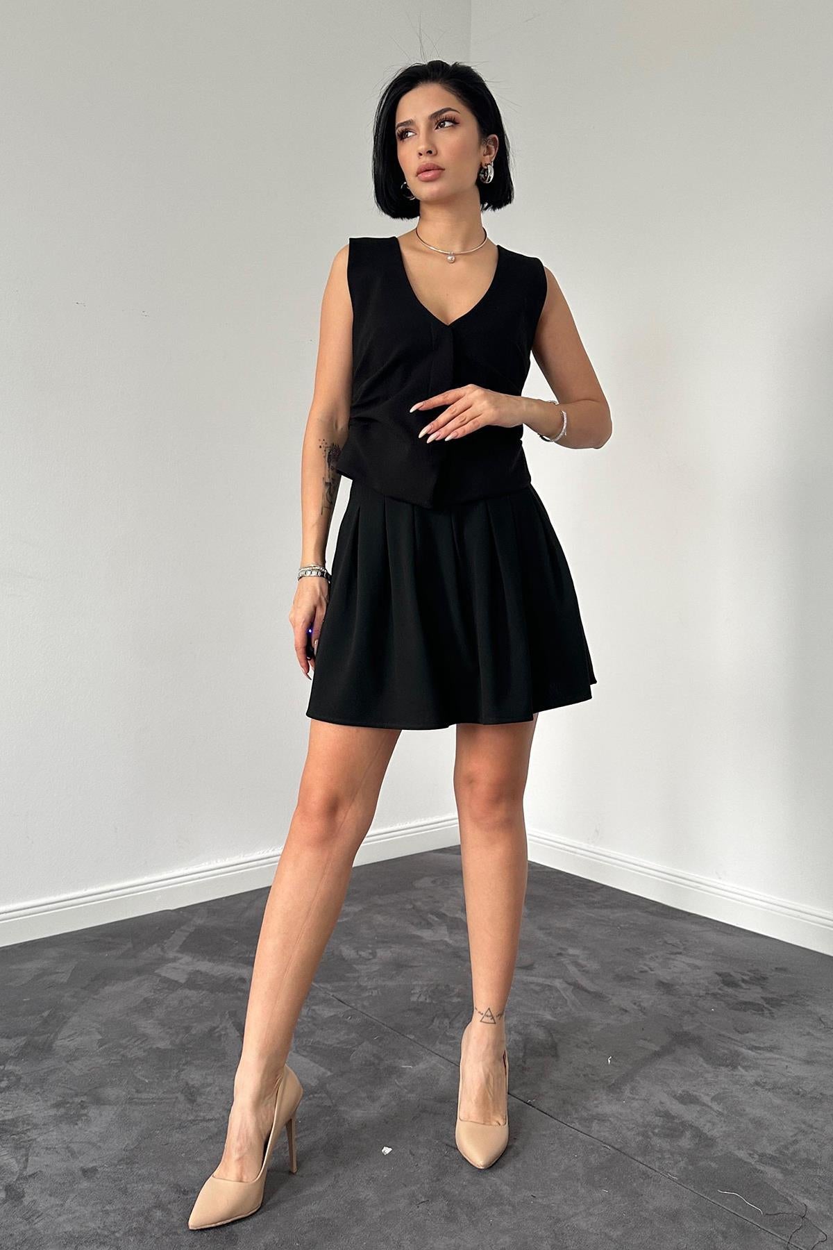 Toptan Siyah Pilikaşe Mini Etek Siyah L