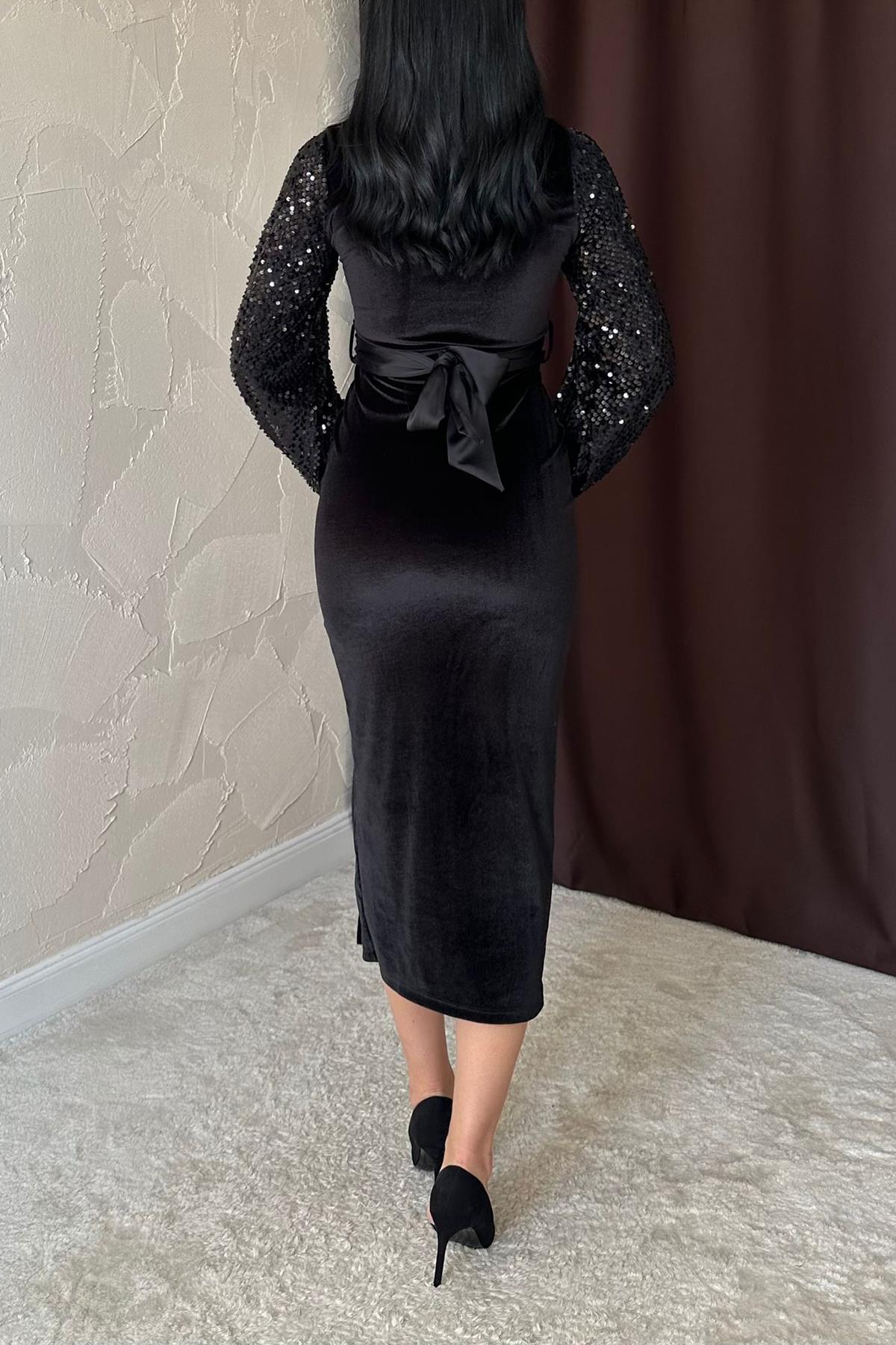 Toptan Siyah Pul Payetli Kadife Elbise