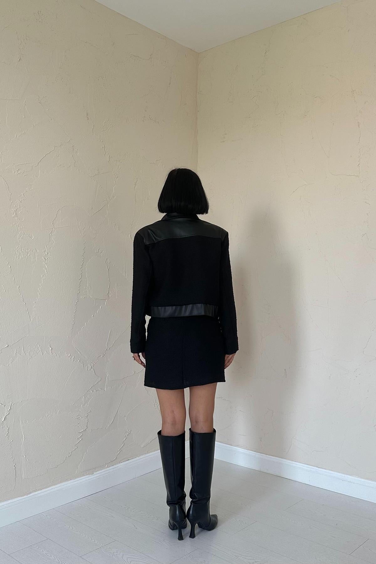 Toptan Siyah Üçlü Deri Garnili Ceket Ve Pantolon Takım