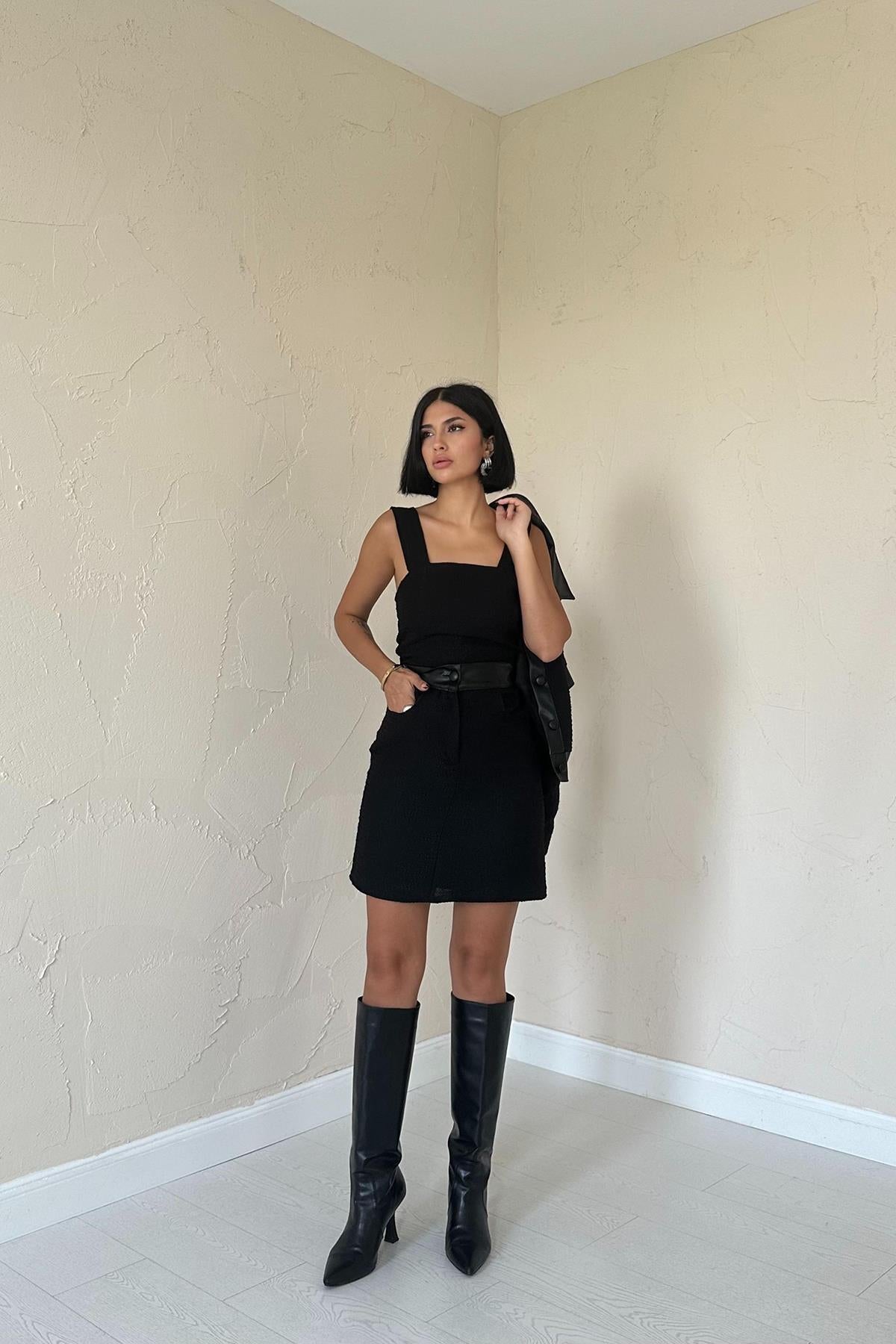 Toptan Siyah Üçlü Deri Garnili Ceket Ve Pantolon Takım