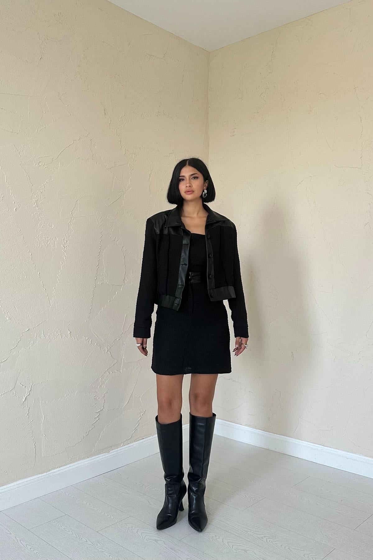 Toptan Siyah Üçlü Deri Garnili Ceket Ve Pantolon Takım Siyah L