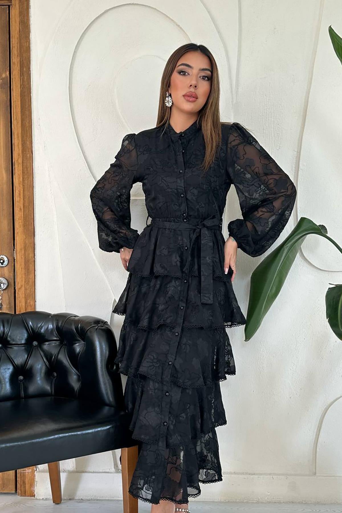 Toptan Siyah Valonlu Şeritli Kat Kat Elbise