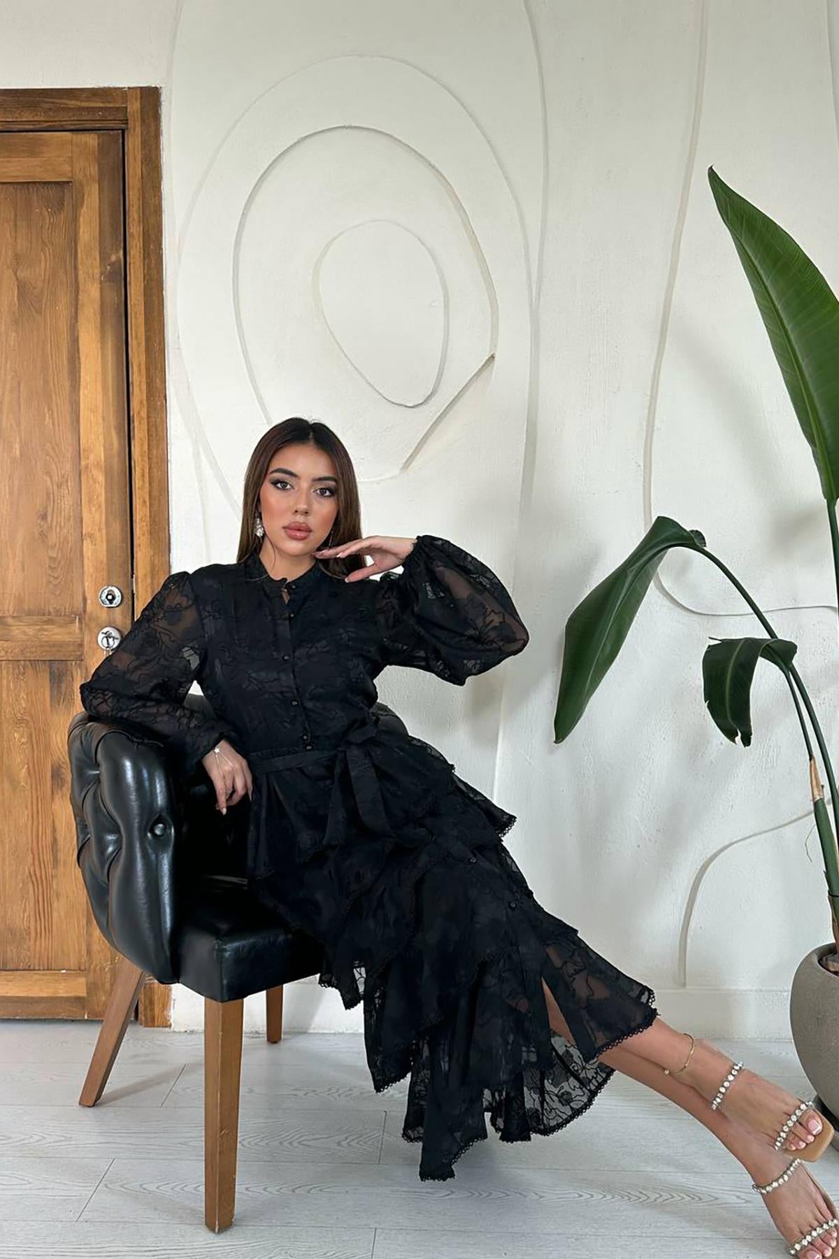 Toptan Siyah Valonlu Şeritli Kat Kat Elbise