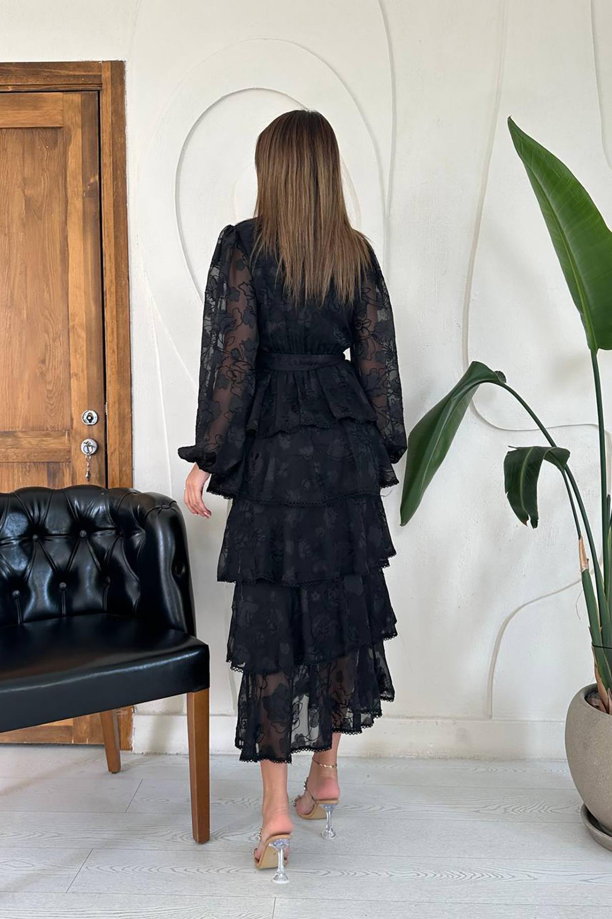 Toptan Siyah Valonlu Şeritli Kat Kat Elbise