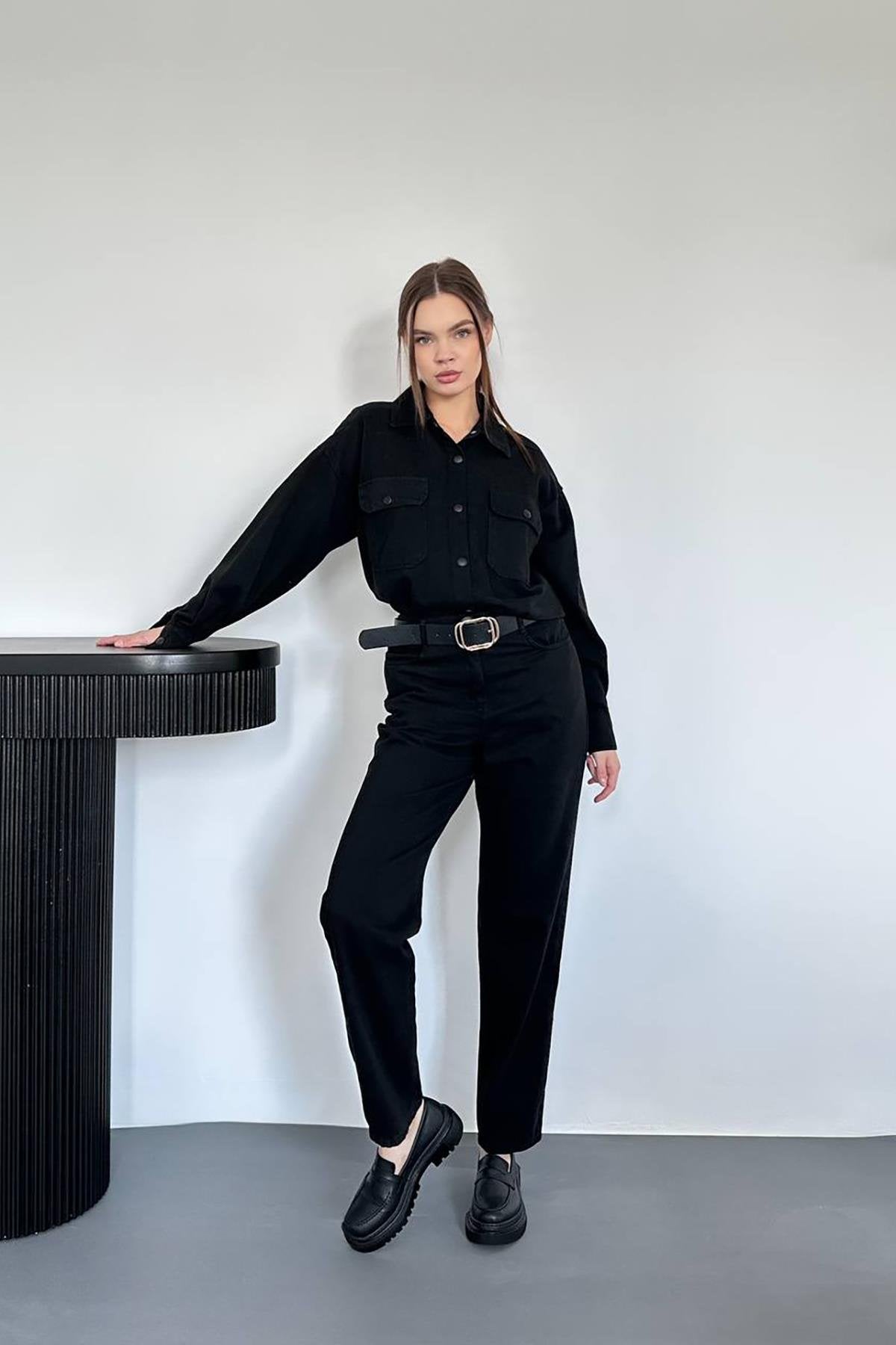 Toptan Siyah Yıkamalı Gömlek Ve Pantolon Takım Siyah L