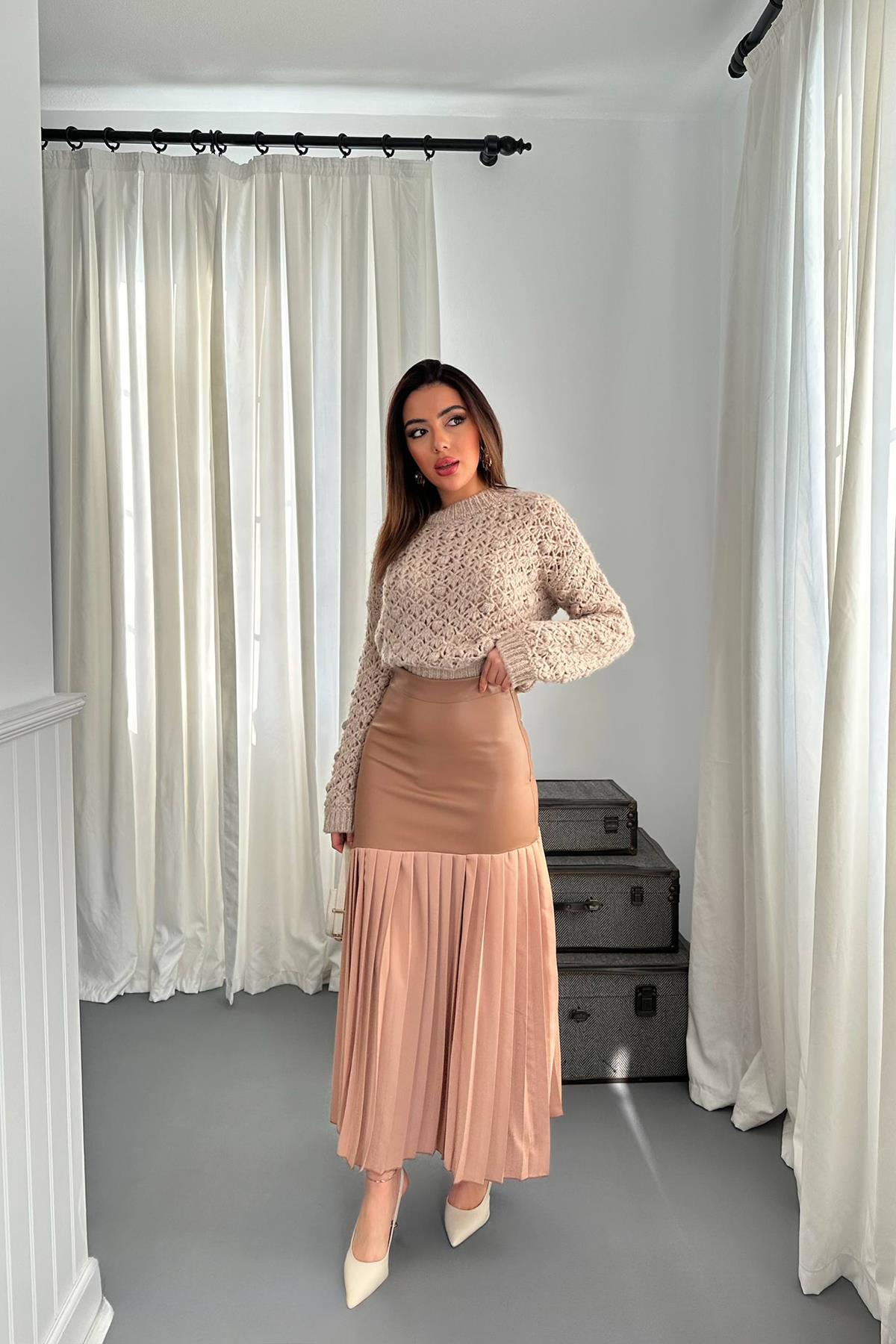 Toptan Vizon Alt Piliseli Deri Garnili Etek Vizon L