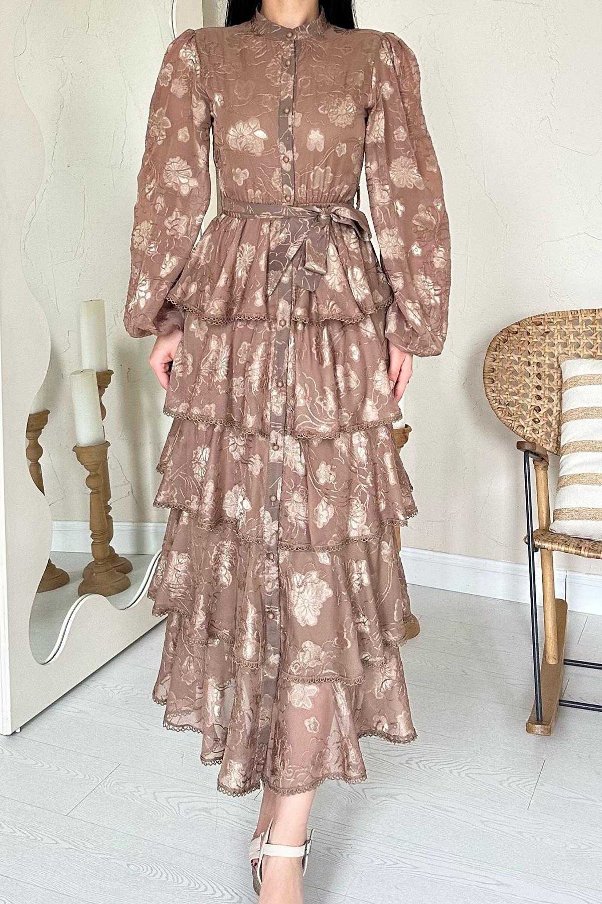 Toptan Vizon Valonlu Şeritli Kat Kat Elbise