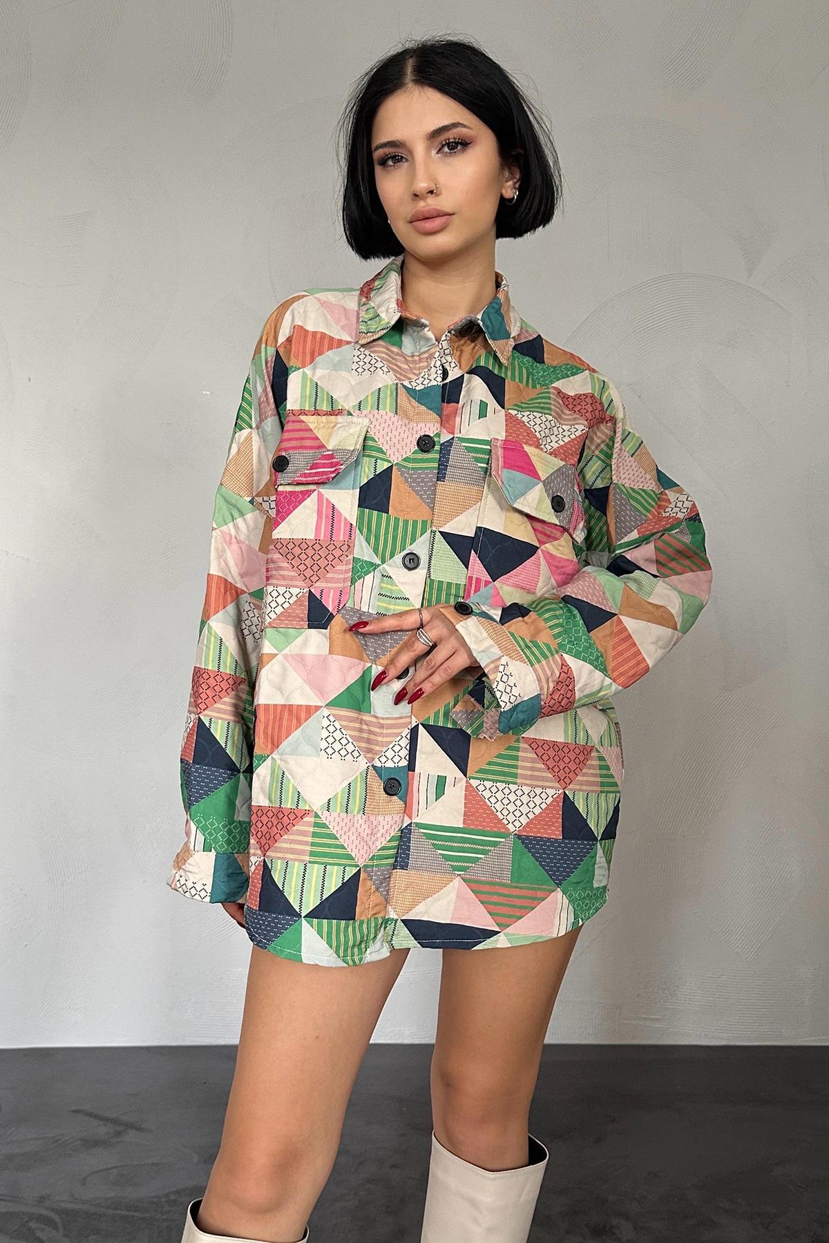 Toptan Yeşil Desenli Kapitone Cepli Gömlek Yeşil STD