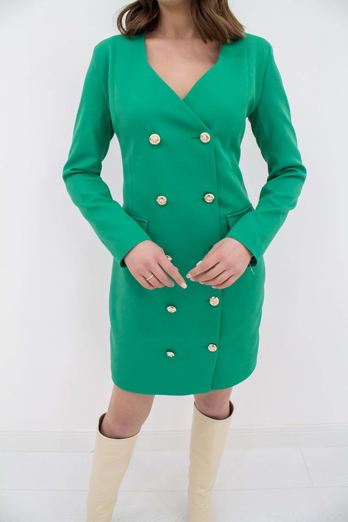 Toptan Yeşil Gold Düğmeli Ceket Elbise
