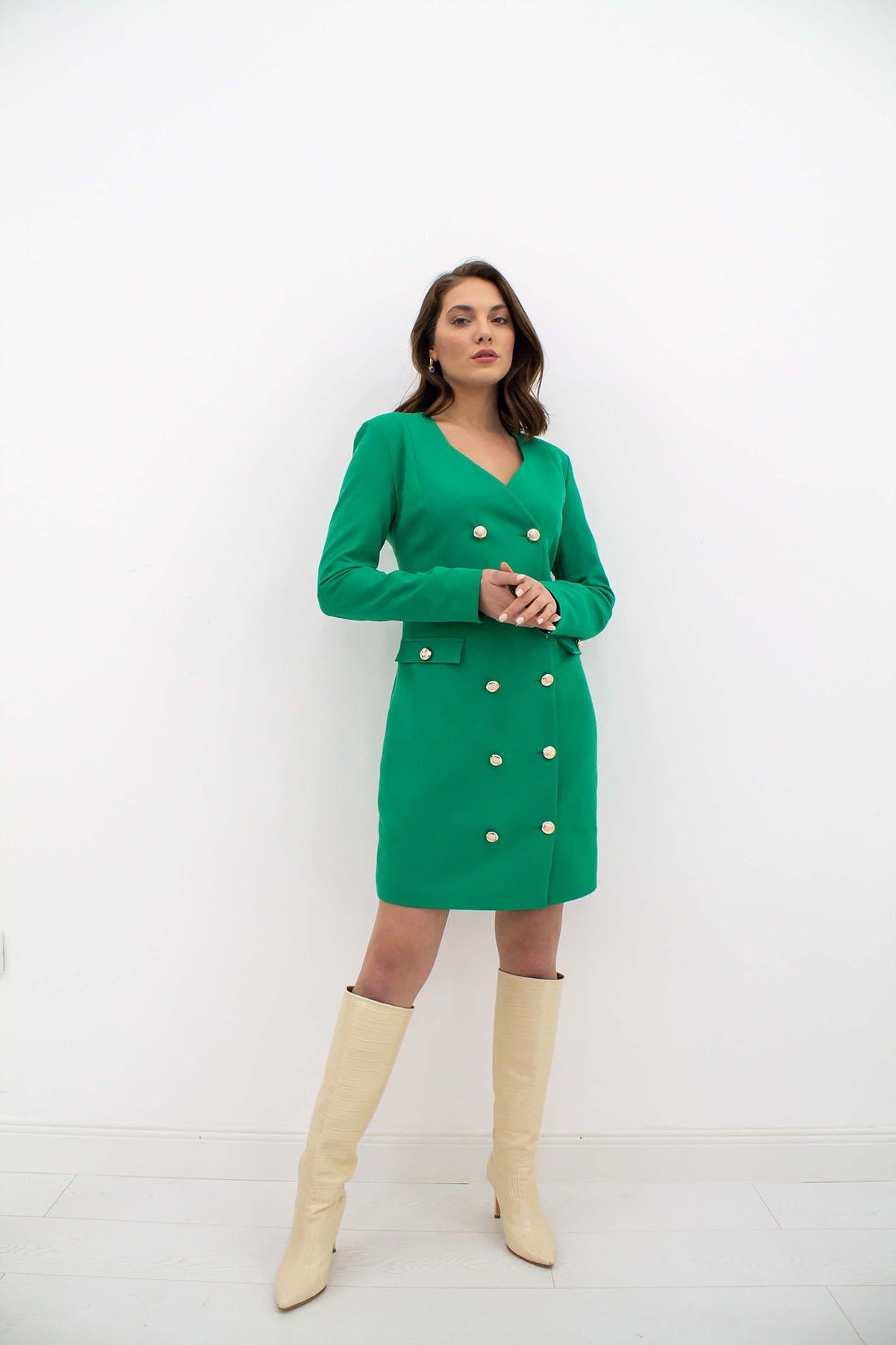 Toptan Yeşil Gold Düğmeli Ceket Elbise Yeşil L