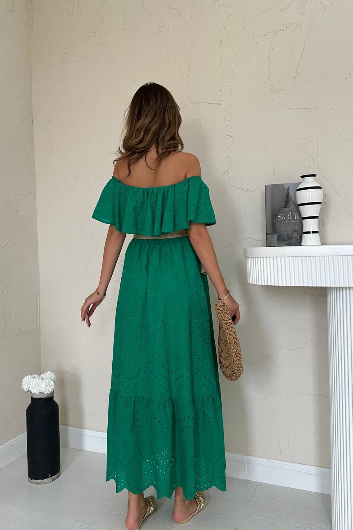 Toptan Yeşil Omzu Lastikli Brode Elbise