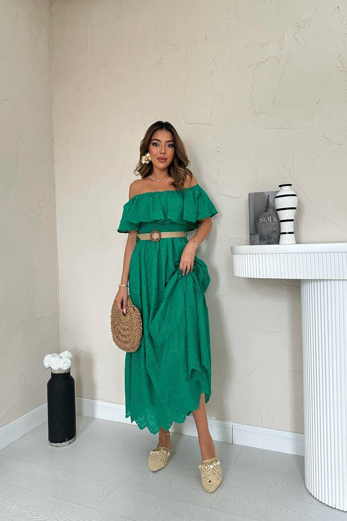 Toptan Yeşil Omzu Lastikli Brode Elbise Yeşil L