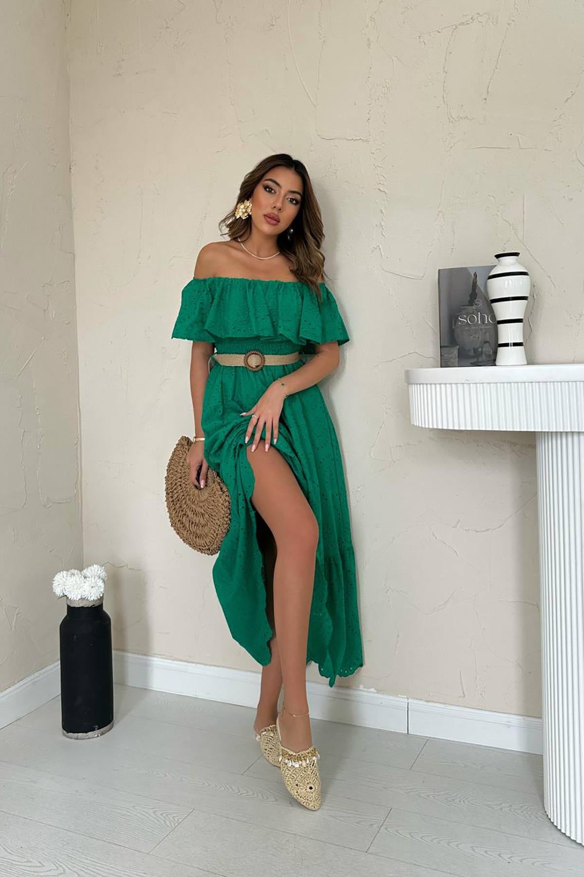 Toptan Yeşil Omzu Lastikli Brode Elbise