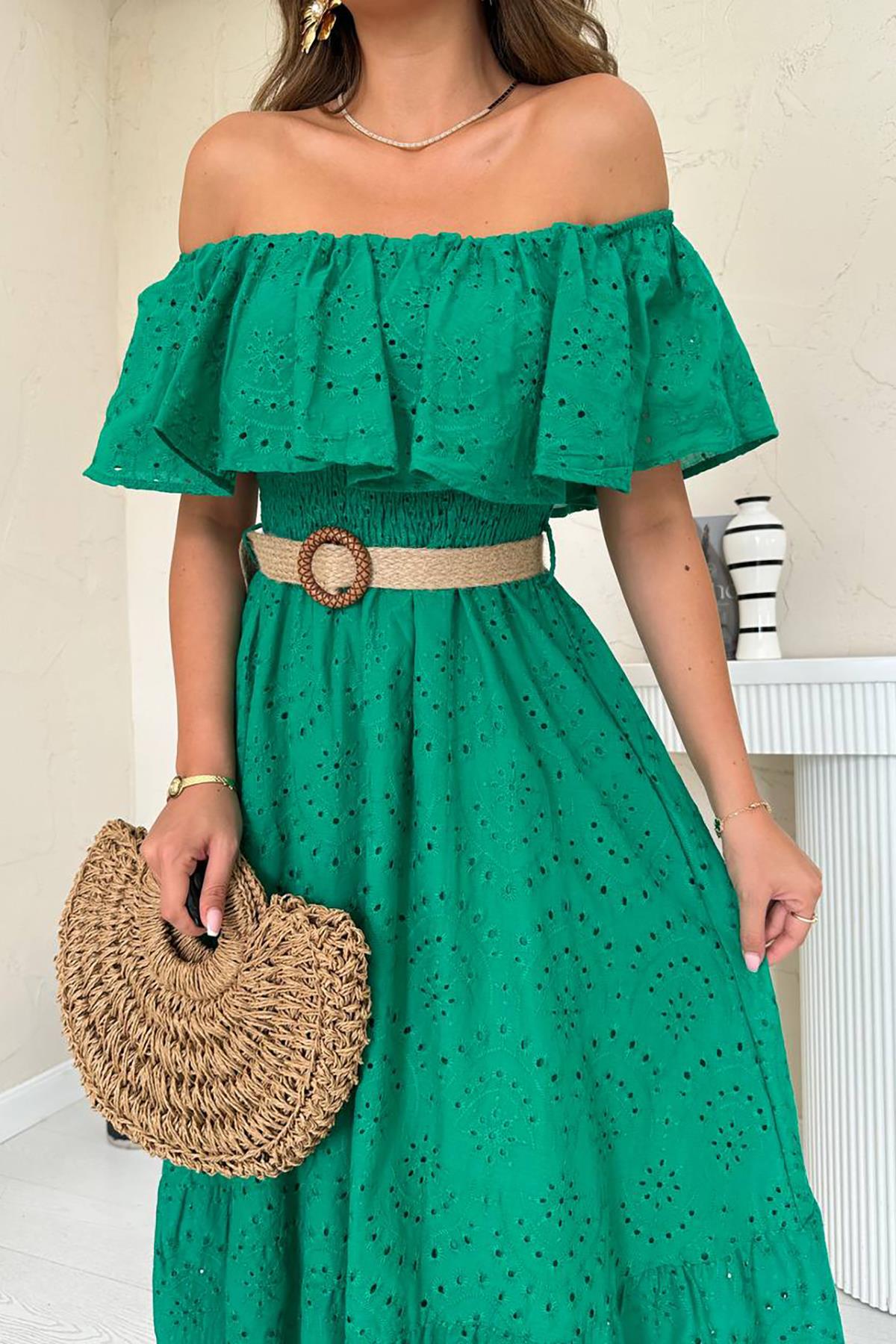 Toptan Yeşil Omzu Lastikli Brode Elbise