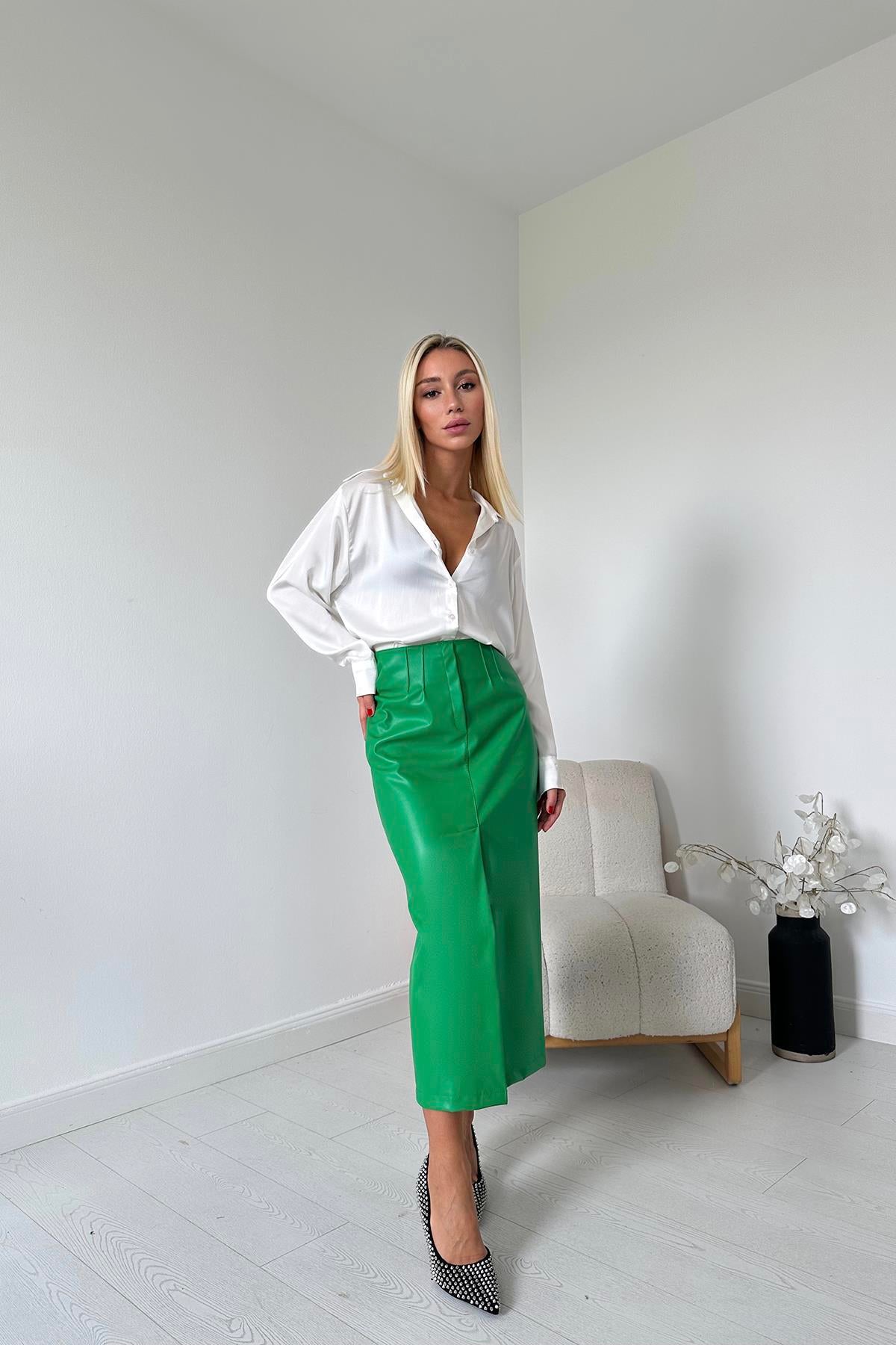 Toptan Yeşil Yırtmaçlı Süs Patlı Etek Yeşil L