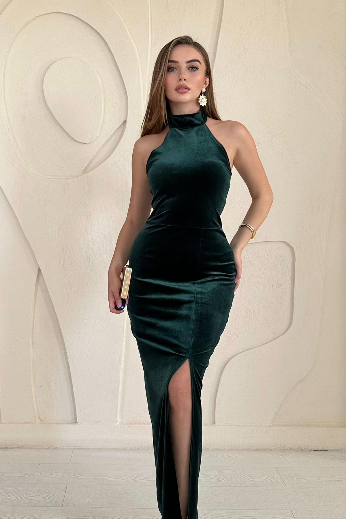 Toptan Zümrüt Omzu Açık Kadife Elbise