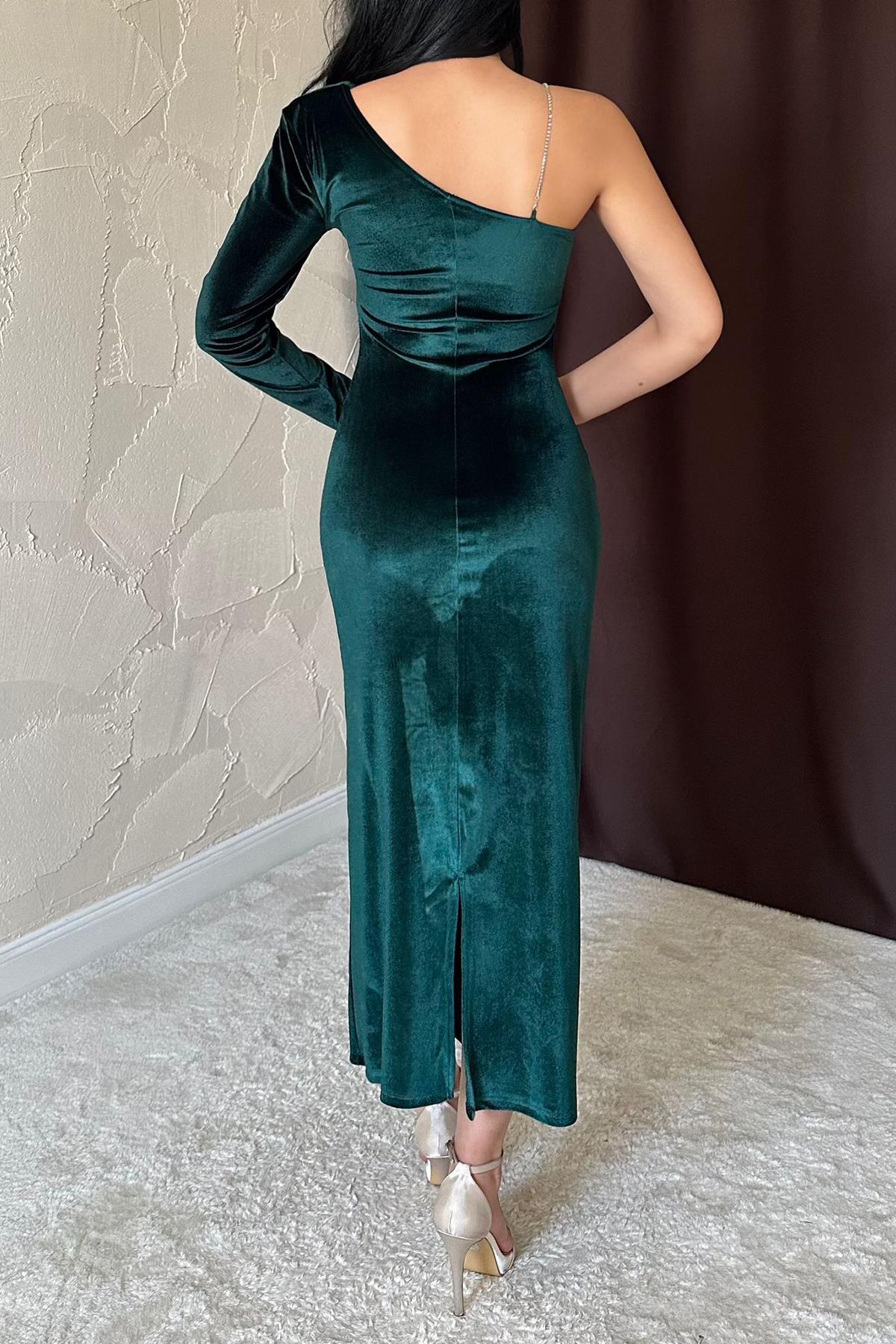 Toptan Zümrüt Tek Omuzlu Taş Askılı Elbise