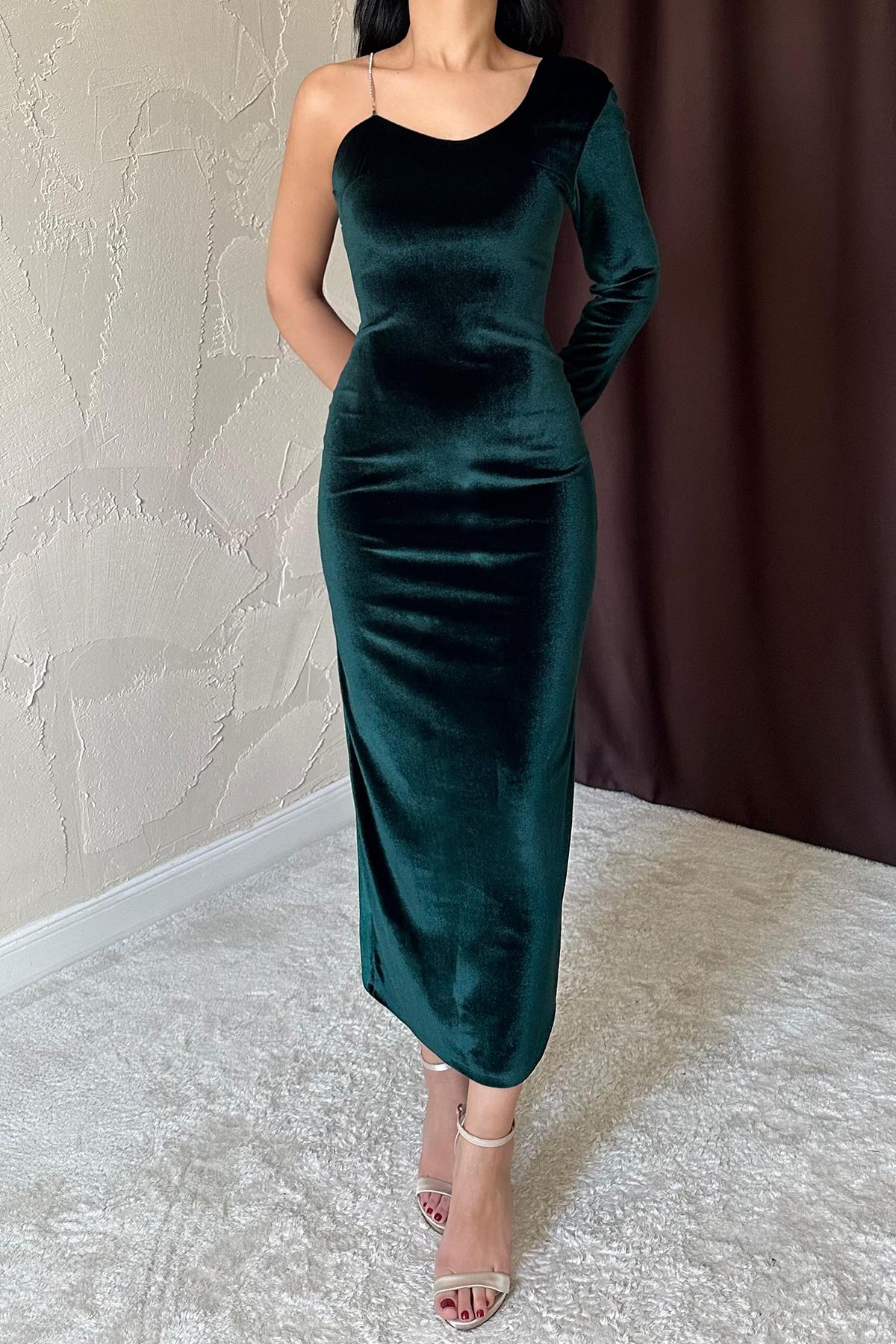 Toptan Zümrüt Tek Omuzlu Taş Askılı Elbise