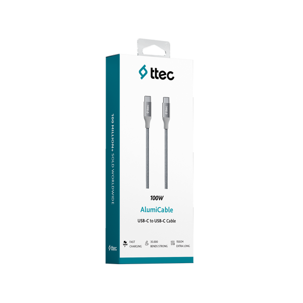 ttec AlumiCable USB-C - USB-C 150cm 100W PD/QC Hızlı Şarj/Data Kablosu Uzay Grisi Uzay Grisi