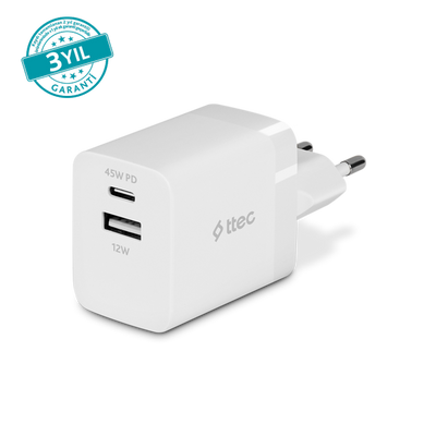 ttec SmartCharger Duo PD 45W Seyahat Hızlı Şarj Aleti USB-C+USB-A