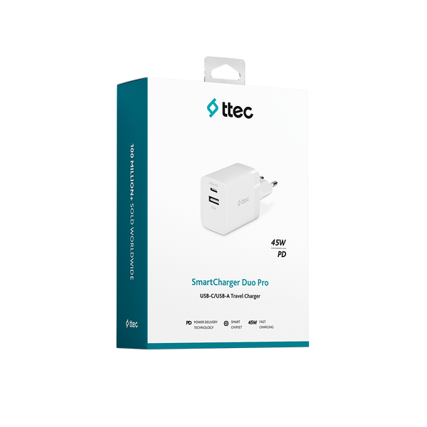 ttec SmartCharger Duo PD 45W Seyahat Hızlı Şarj Aleti USB-C+USB-A Beyaz